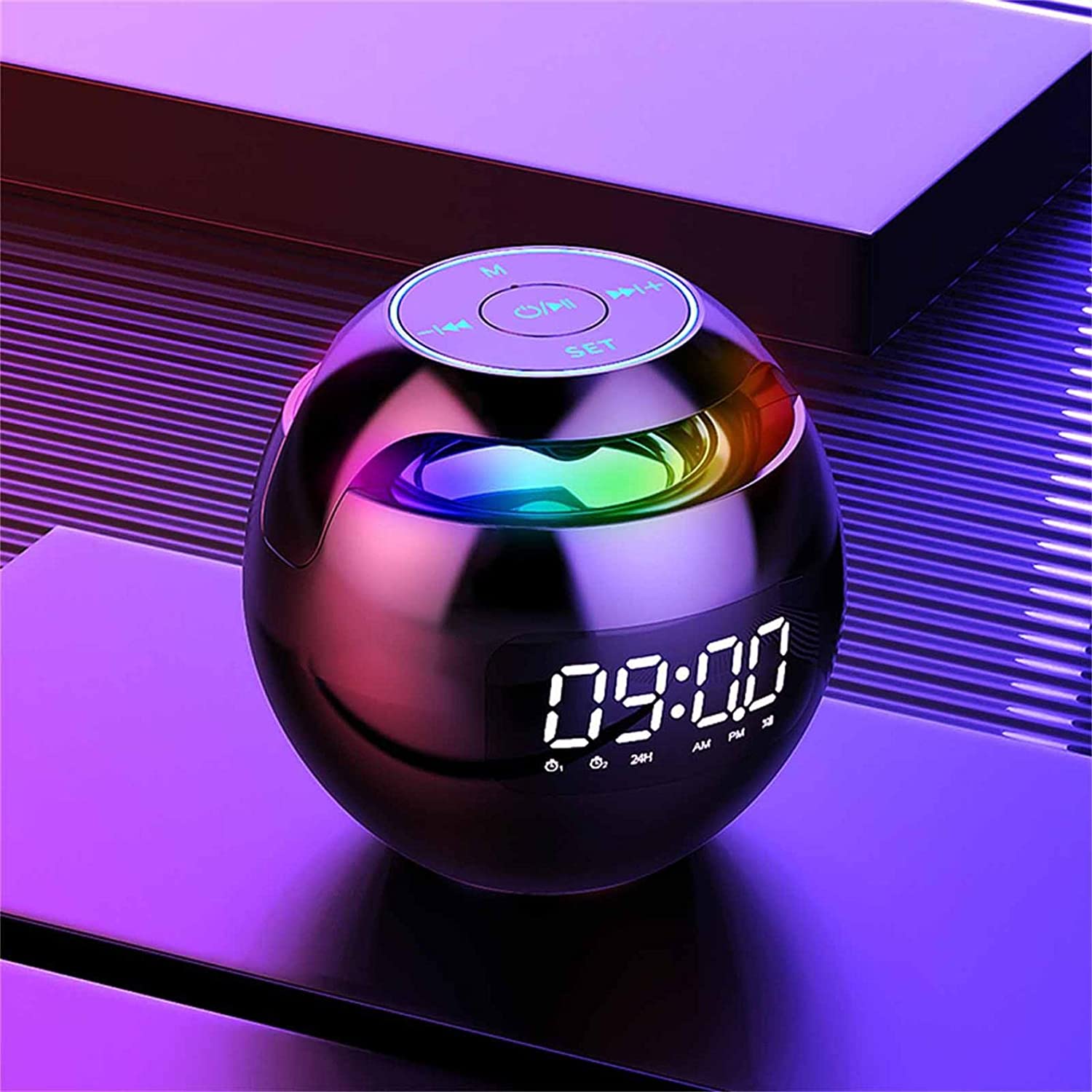 Portable Wireless Bluetooth Speaker Colorful Subwoofer with Led Display Fm Radio Alarm Clock Bluetooth HiFi Card Mp3 Music Play for Chrismas Party Outdoor (Black)
