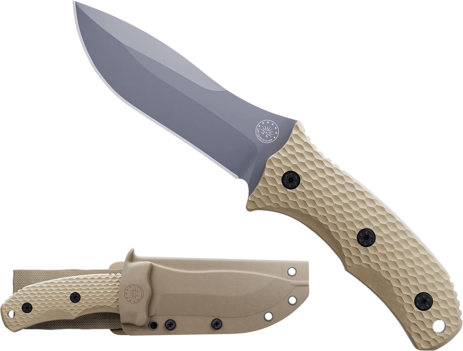 Off-Grid Knives – Backcountry Coyote V2 Fixed Blade – Cryo D2 Steel Knife with Graywash Finish, Full Tang, Coyote Tan G10 Scales, Kydex Sheath, Bushcraft, Hunting, Survival, Camping, Tactical Use