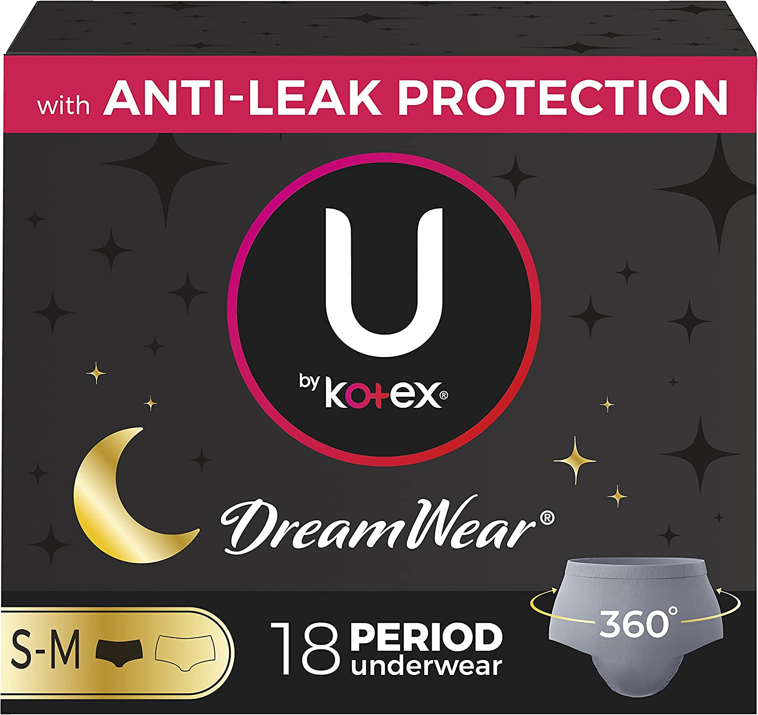 U by Kotex DreamWear Disposable Overnight Period Underwear for Women, Small/Medium, 18 Count (3 Packs of 6)