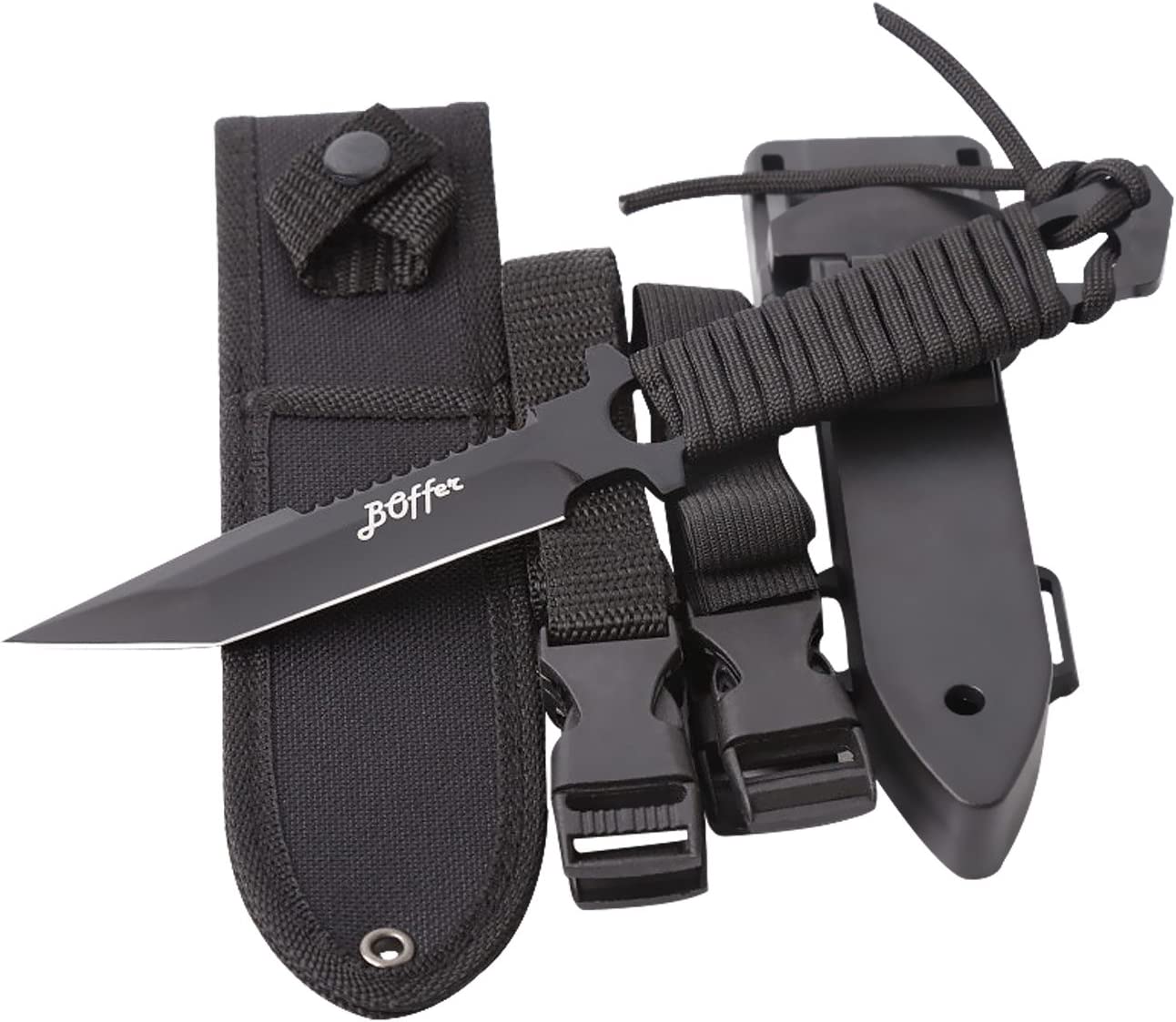 BOffer Scuba Diving Knife,Black Tactical Sharp Blade knives,Divers dive tool with 2 Types Sheaths,Sawing Edge and 2 Pairs Leg Straps,Best for Snorkeling,Hunting,Survival Rescue and Water Sports.
