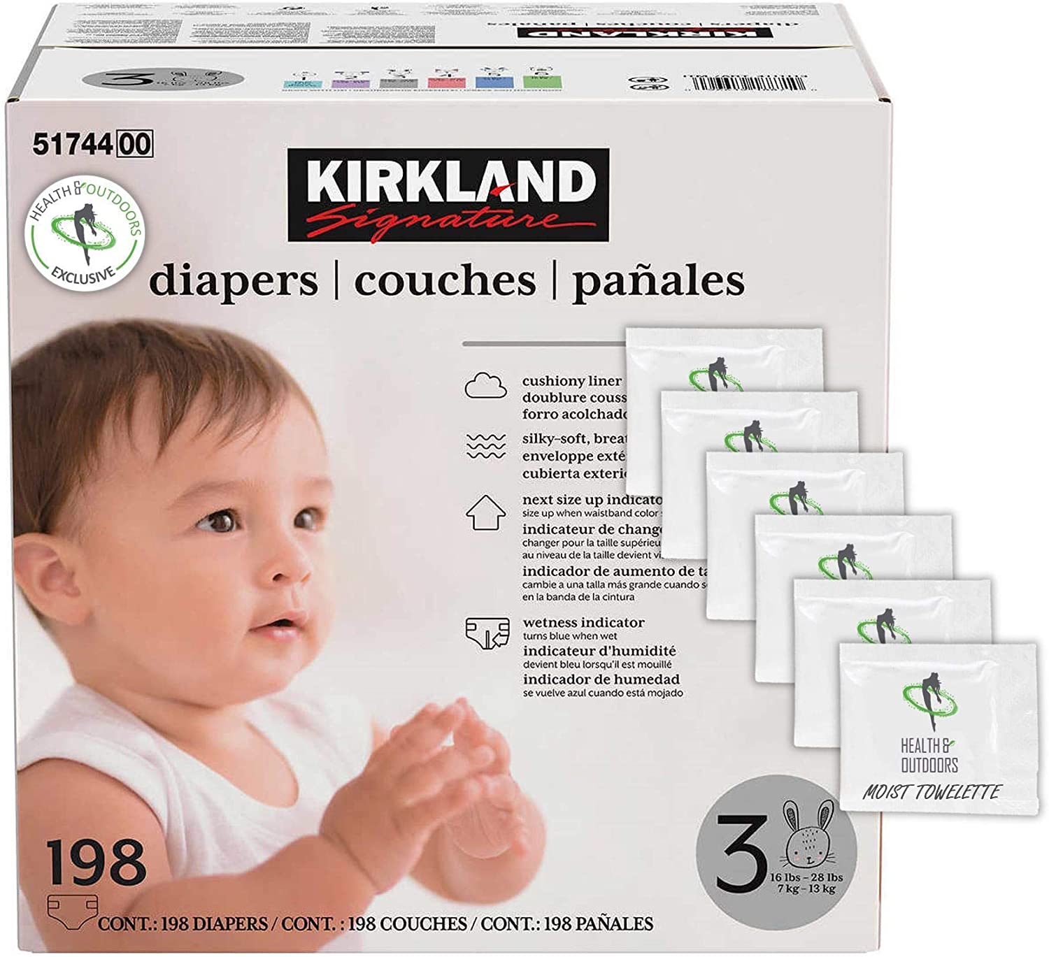 Kirkland Signature Diapers Size 3 (16 lbs – 28 lbs) 198 Count W/ Exclusive Health and Outdoors Wipes