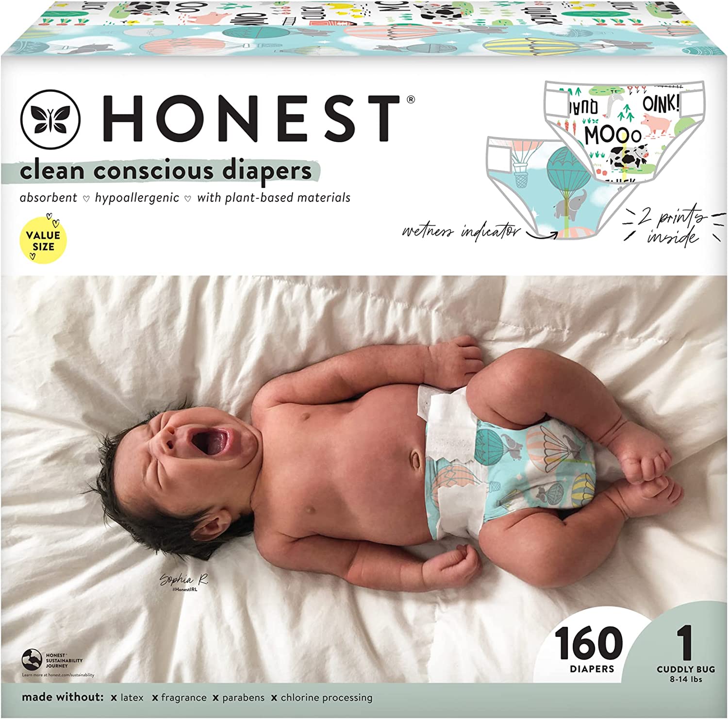 The Honest Company Clean Conscious Diapers | Plant-Based, Sustainable | Above All + Barnyard Babies | Super Club Box, Size 1 (8-14 lbs), 160 Count
