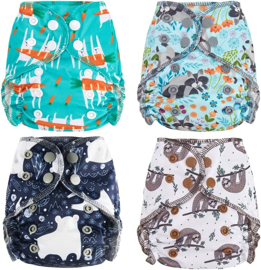 Thank u Mom Newborn Cloth Diaper All in One Bamboo Cotton for Less 12pounds Baby Pack of 4 (Animal)