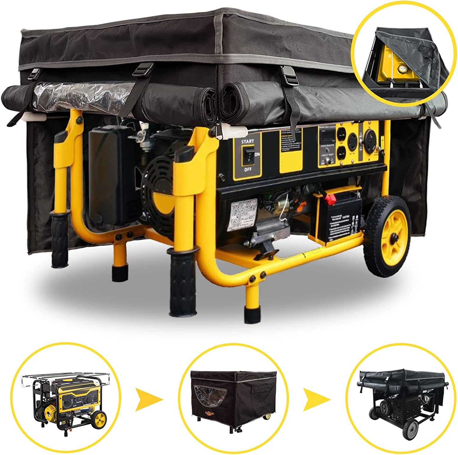 GEHENG generator running cover, with bracket, 600D Oxford polyester fabric, 100% waterproof and sunscreen, protect your investment, suitable for 3500W-10000W frame type generators.for Westinghouse, Champion, DuroMax, Generac and More, Black.