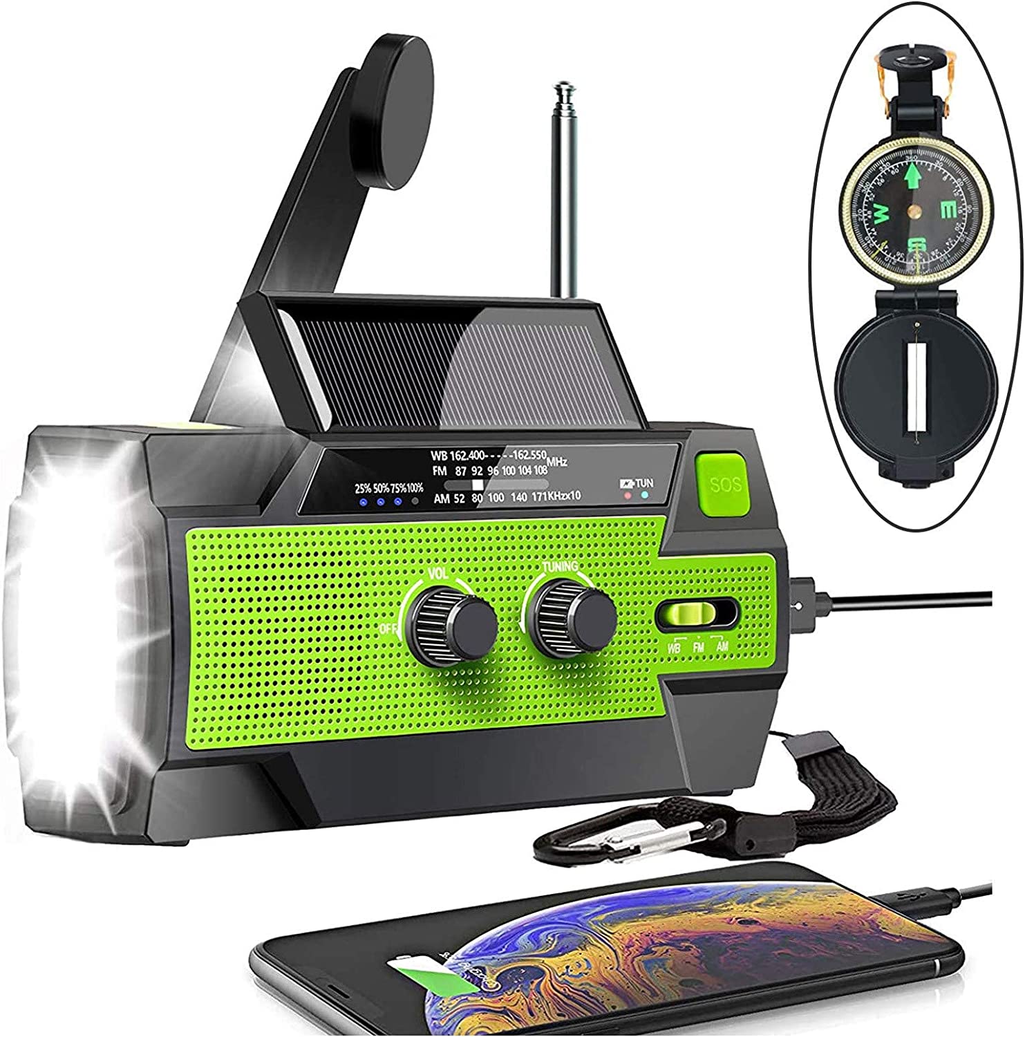 【2022 Upgraded】Emergency Solar Hand Crank Radio, 4000mAh Portable Weather Radio, AM/FM/NOAA, 3 Gear LED Flashlight, Motion Sensor Reading Lamp, Phone Charger, SOS Alert & Compass for Home and Outdoor
