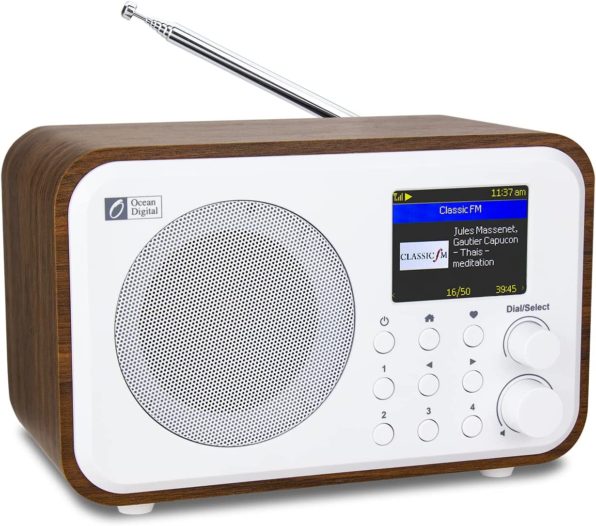 Ocean Digital WR-336F Wi-Fi Internet FM Radio Portable with Rechargeable Battery Bluetooth Receiver 2.4’’Color Display 4 Preset Buttons Stress Relief Relaxation Sleep Aid Wooden Housing