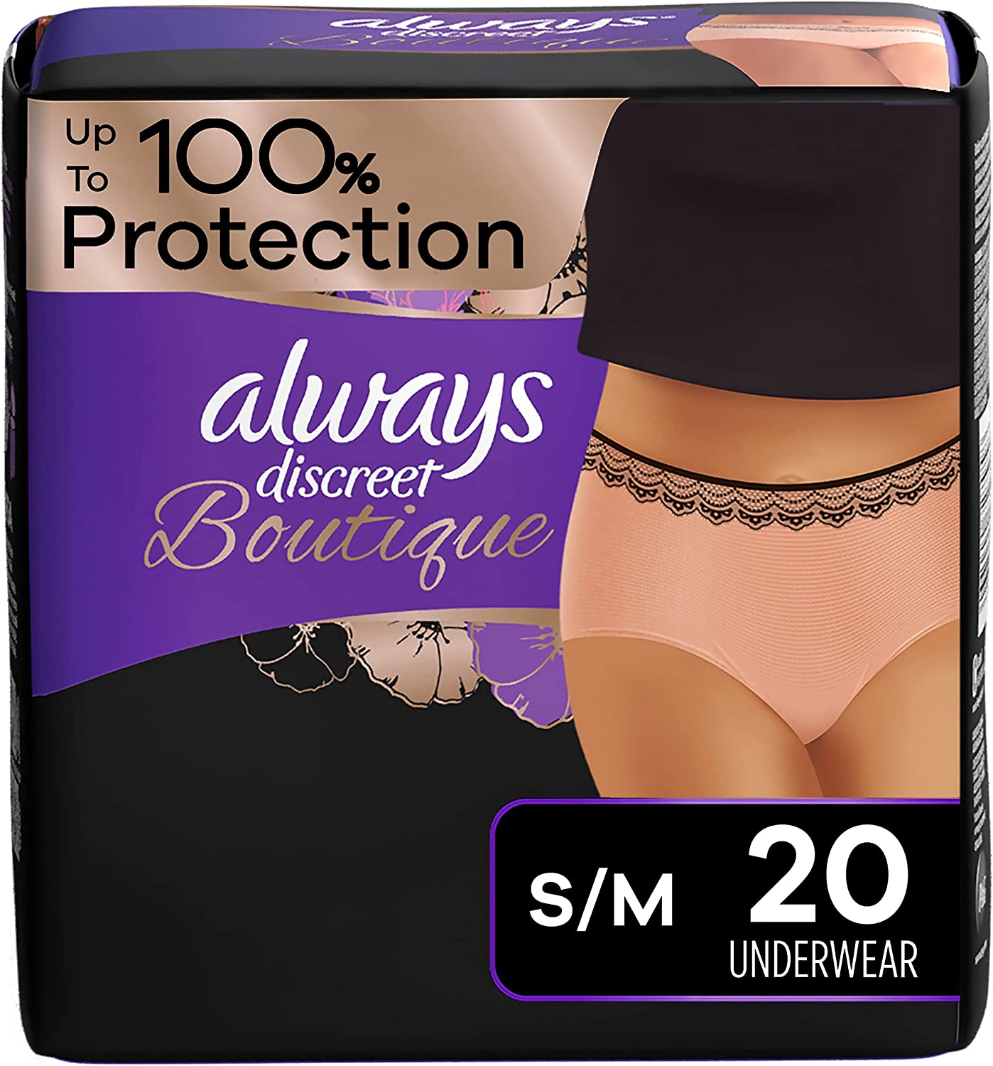 Always Discreet Boutique, Incontinence & Postpartum Underwear For Women, High-Rise, Size Small/Medium, Rosy, Maximum Absorbency, Disposable, 20 Count