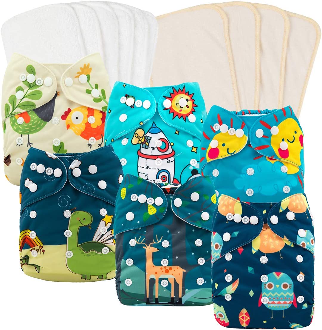 babygoal Reusable Cloth Diapers for Baby Boys, One Size Adjustable Washable Pocket Nappy Covers 6 Pack+ 6pcs Microfiber Inserts+4pcs Bamboo Inserts 6FB15