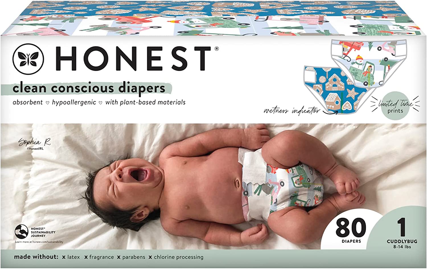 The Honest Company Clean Conscious Diapers | Plant-Based, Sustainable | Holiday ’22 Prints | Club Box, Size 1 (8-14 lbs), 80 Count