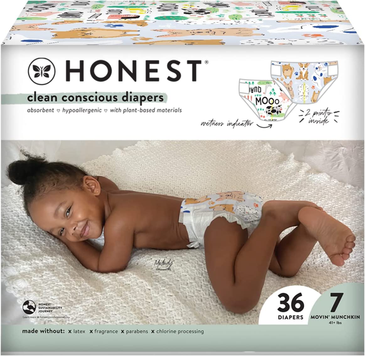 The Honest Company Clean Conscious Diapers | Plant-Based, Sustainable | Barnyard Babies + It’s A Pawty | Club Box, Size 7 (41+ lbs), 36 Count