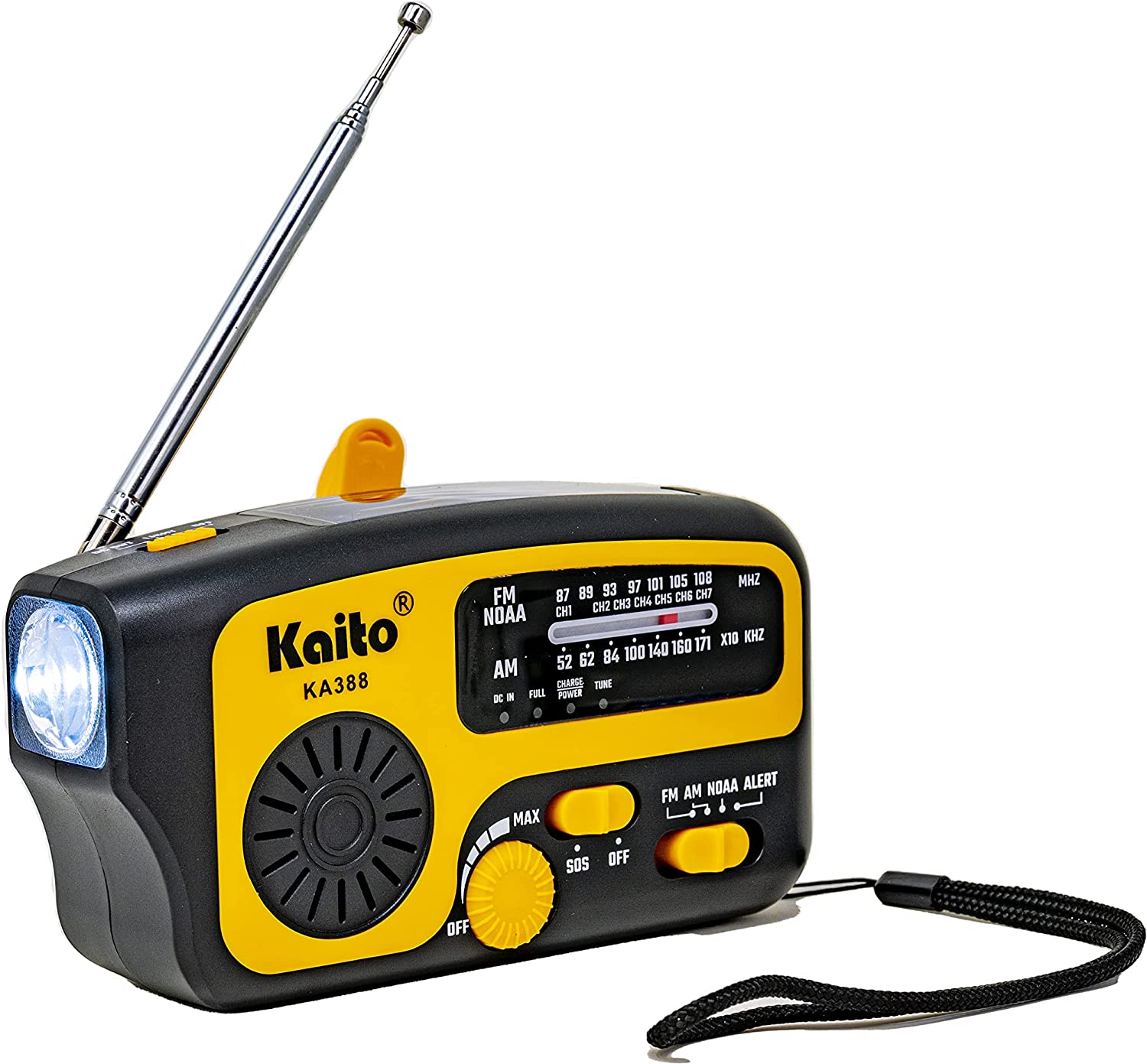 Kaito Emergency Radio KA388 – AM/FM NOAA Weather Alert 5-Way Powered Solar Crank Radio Receiver with LED Flashlight and USB Mobile Phone Charger (Yellow)