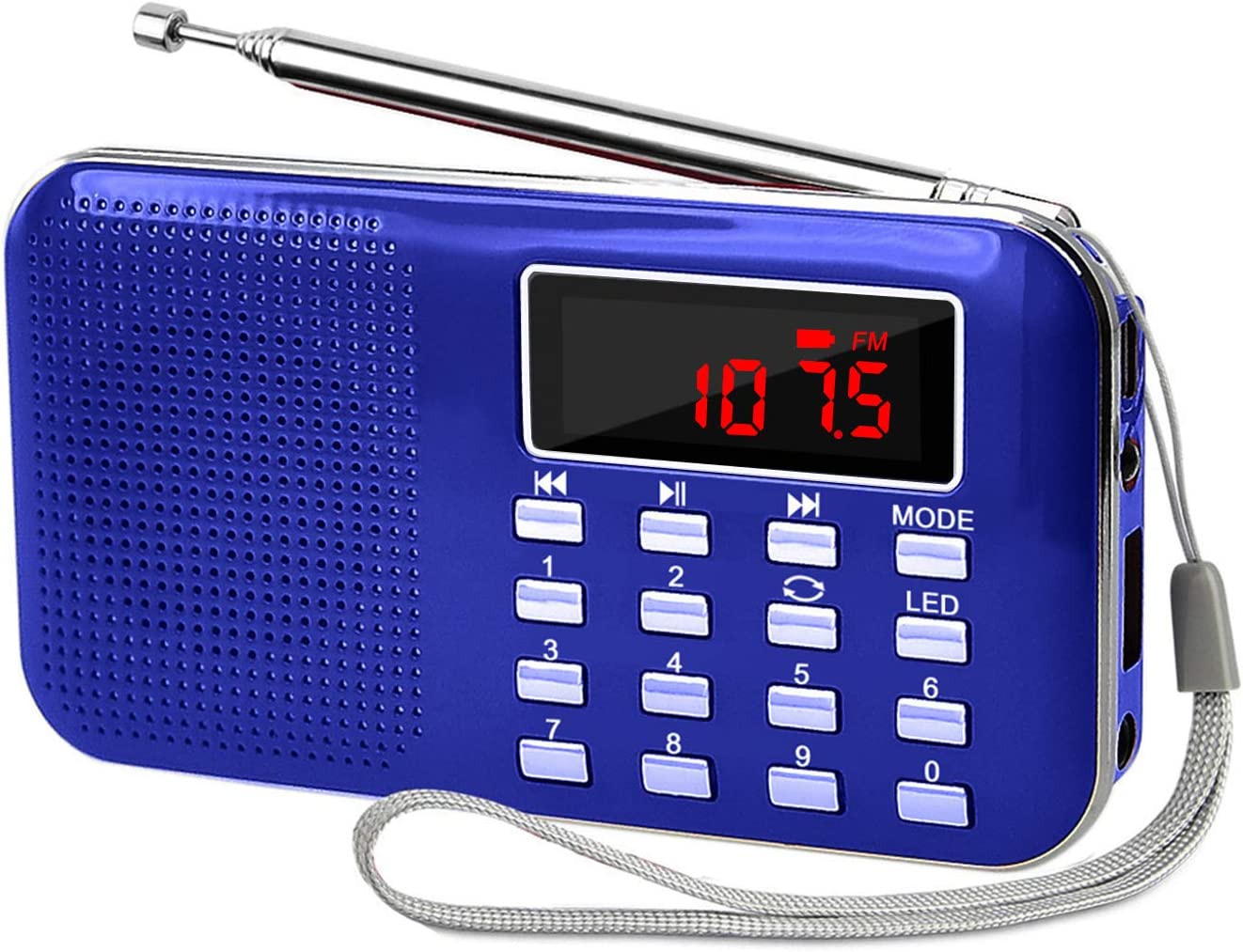 LEFON Mini Digital AM FM Radio Media Speaker MP3 Music Player Support TF Card/USB Disk with LED Screen Display and Emergency Flashlight Function (Blue-Upgraded)