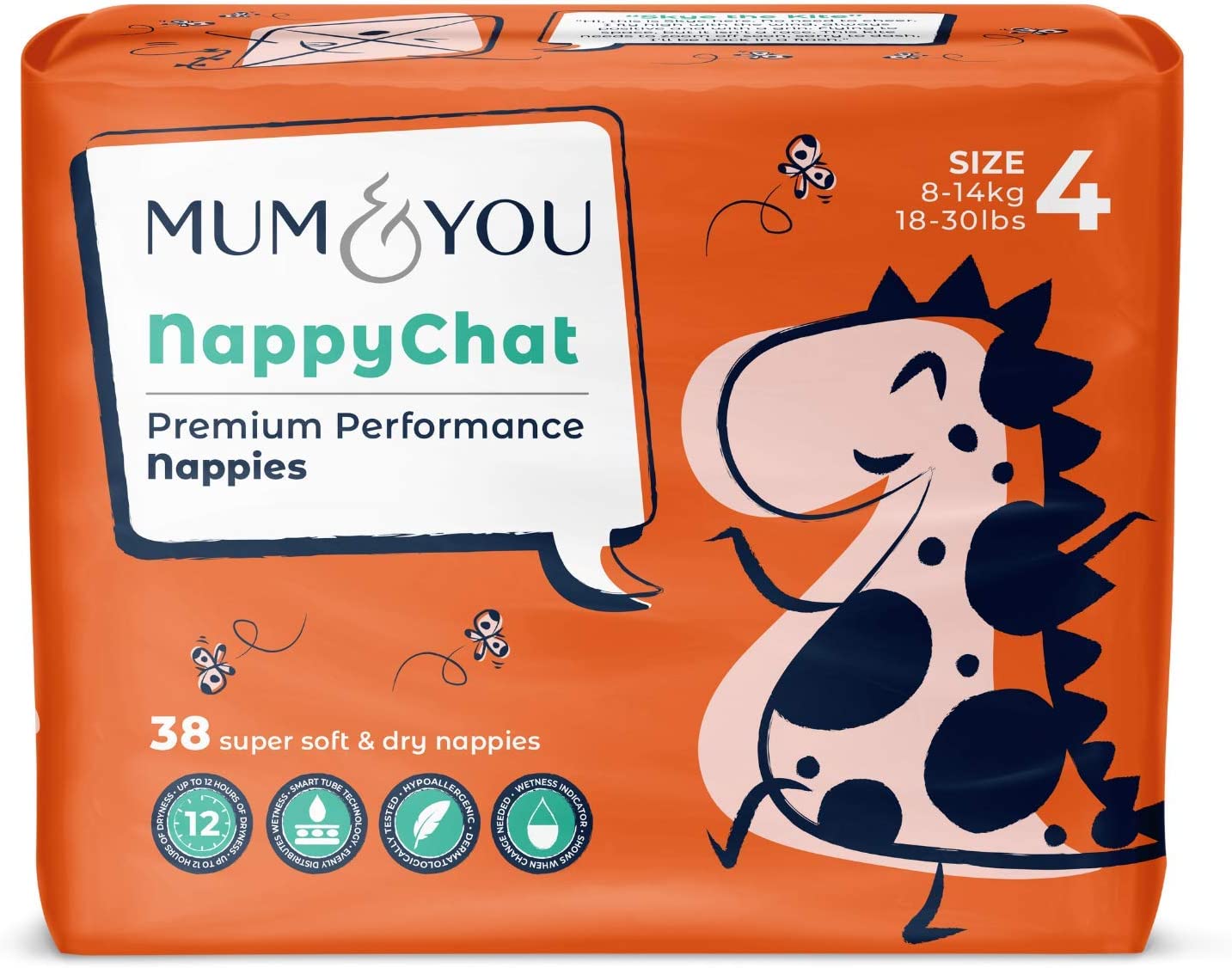 Mum & You Nappychat Premium Performance Eco Diapers, Size 4 (38 Diapers) Smart Tube Technology. Leak Protection. 100% Recyclable. Hypoallergenic, Dermatologically-Tested. No Lotion, Perfume or Dyes.