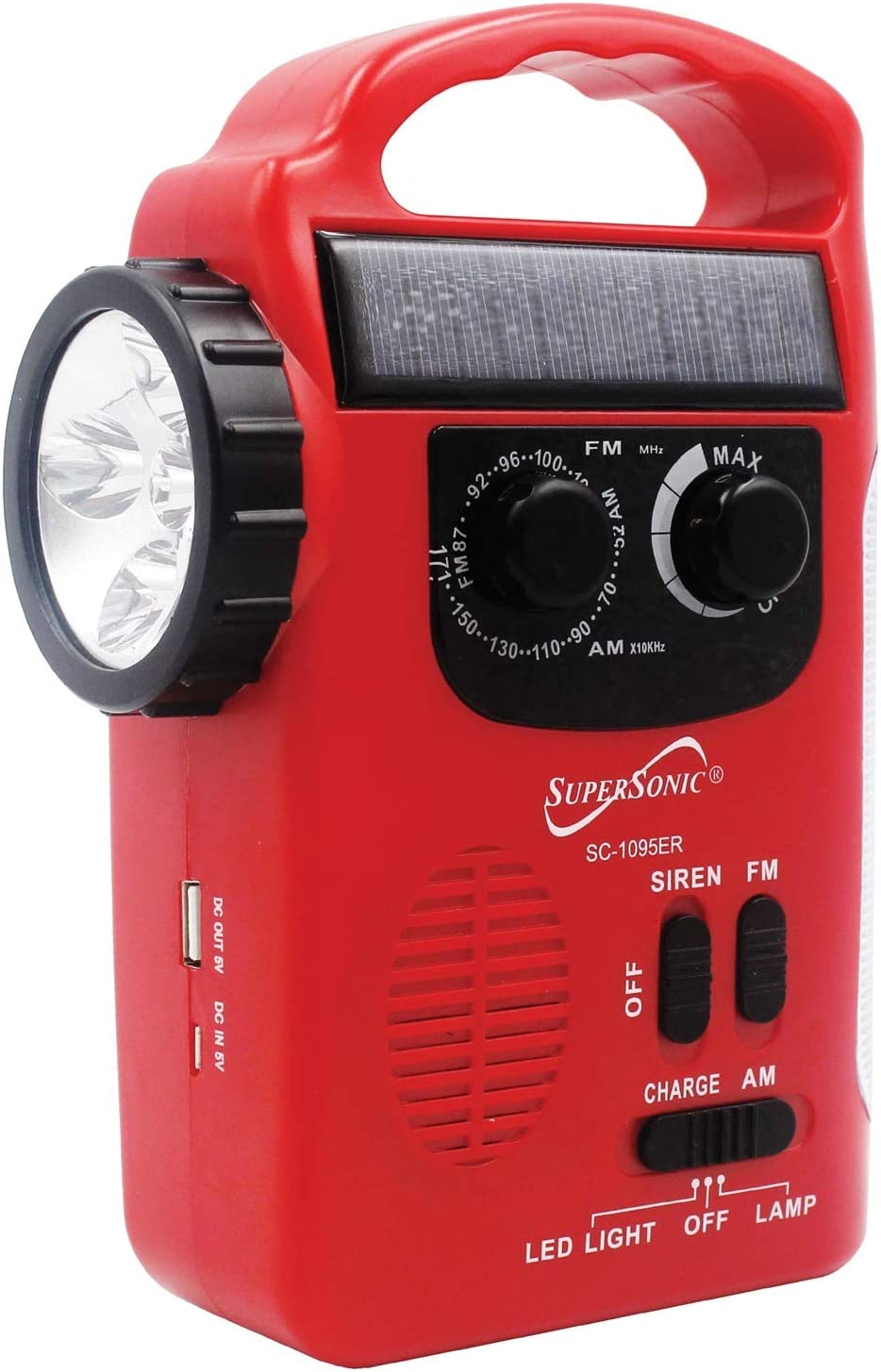 Supersonic SC-1095ER 5-Way Emergency Solar/Hand Crank Radio with Flashlight