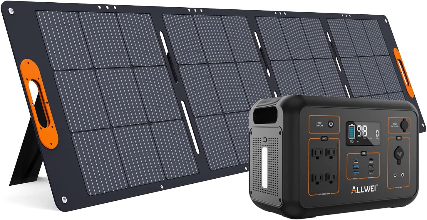 ALLWEI Solar Generator 1200W, 1132Wh Portable Power Station with 1* 200W Solar Panel, 4x 110V AC Outlets, 6x USB-C Ports PD60W, LED Light, Lithium Battery Backup for RV Camping, Outdoor, Power Outage