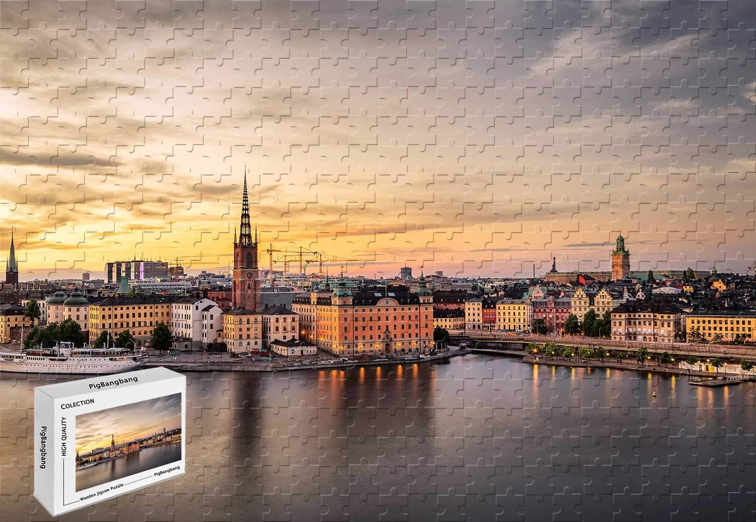 500 Piece Jigsaw Puzzle – Gamla Stan at Dusk Stockholm Sweden Wooden Mural Home Decoration in a Box Famous Paintings 20.6 X 15.1 Inch