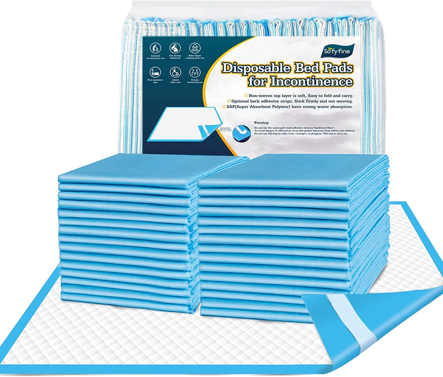 SOFYFINE Disposable Bed Pads 30 X 36 (50 Count), Extra Large Thicken Hospital Pads for Incontinence, Ultra Absorbent Changing Underpads for Adults, Elderly, Baby and Pet (Blue, 80g/Piece, 6g SAP)