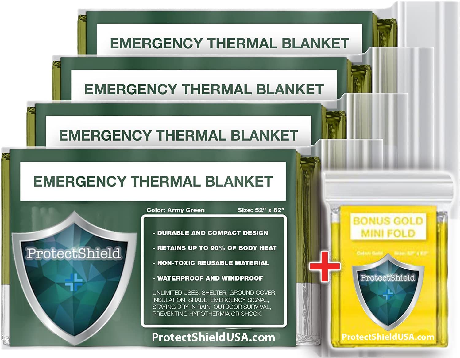 ProtectShield Emergency Mylar Thermal Blankets + Bonus Gold Foil Space Blanket. Designed for NASA, Outdoors, Survival, First Aid, Army Green, 4 Pack (Army Green)