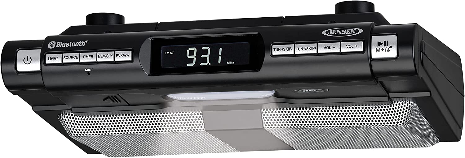 Jensen Modern Wireless Under Cabinet Kitchen Universal Bluetooth Music System, FM Radio, Clock LCD Digital Display, Built-in Hands-Free Mic & Speakers (Includes Mounting Hardware)