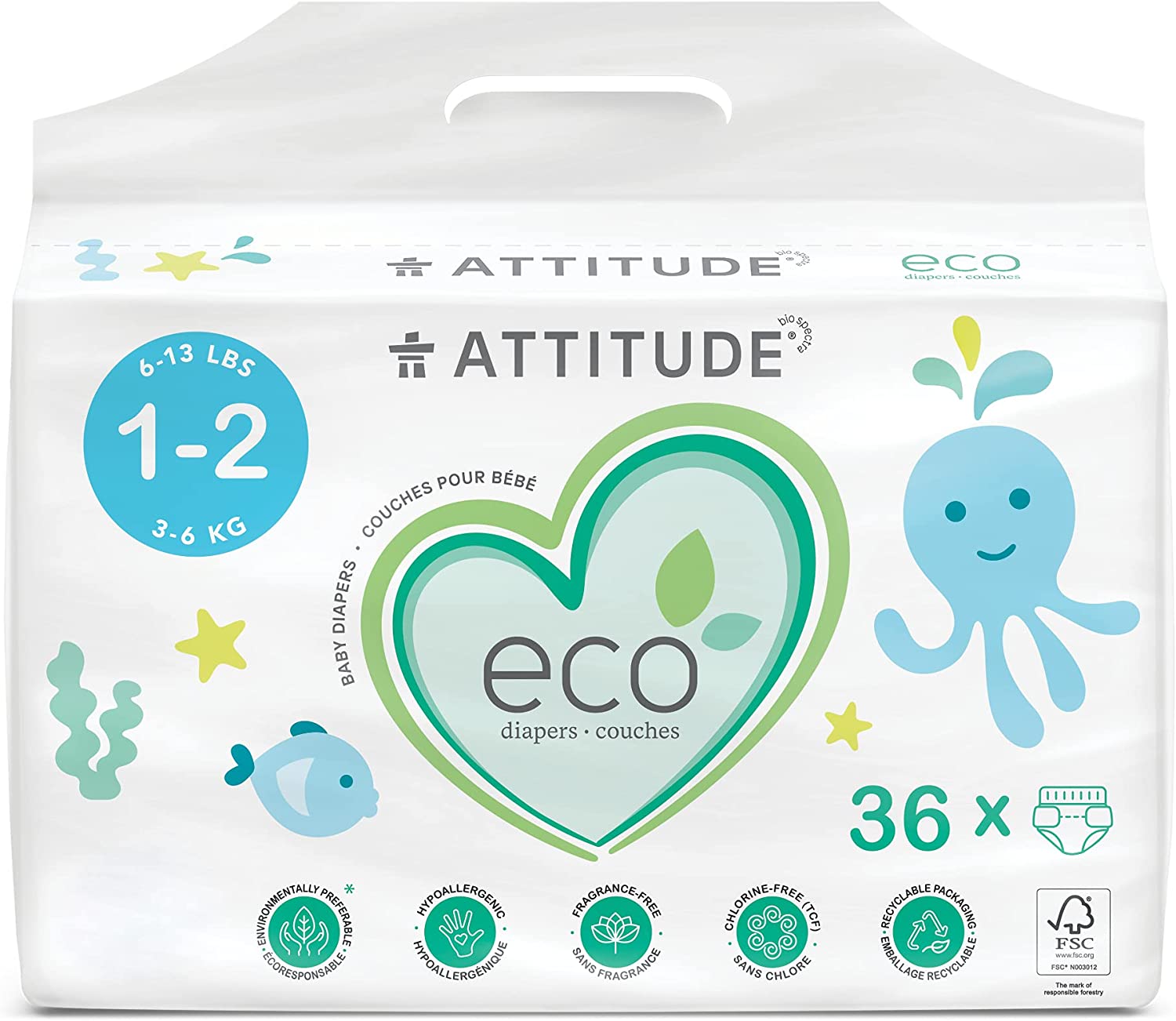 ATTITUDE Biodegradable Baby Diapers, Non-Toxic, Eco-Friendly, Safe for Sensitive Skin, Chlorine-Free & Leak-Free, Plain White (Unprinted), Size 1-2 (6-13 lbs), 36 Count (16220)