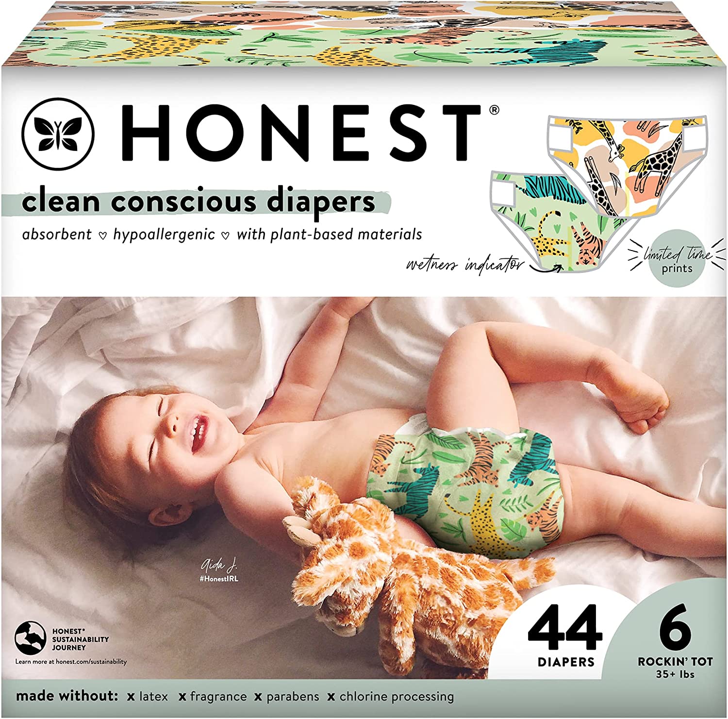 The Honest Company Clean Conscious Diapers | Plant-Based, Sustainable | Stripe Safari & Seeing Spots | Club Box, Size 6 (35+ lbs), 44 Count