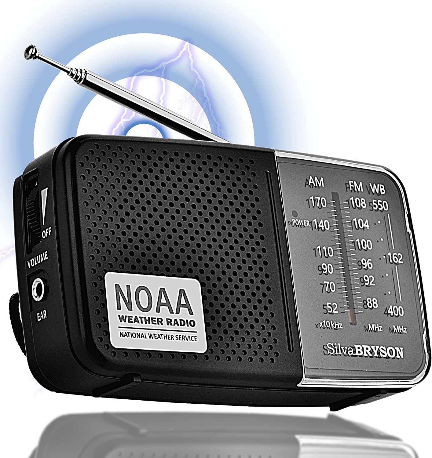 NOAA Weather Radio SilvaBRYSON, Emergency AM/FM Battery Operated Handheld Radio with Speaker and Best Reception for Hurricane, Home, Running. Convenient Headphone Jack, Operated by 2AA Battery.