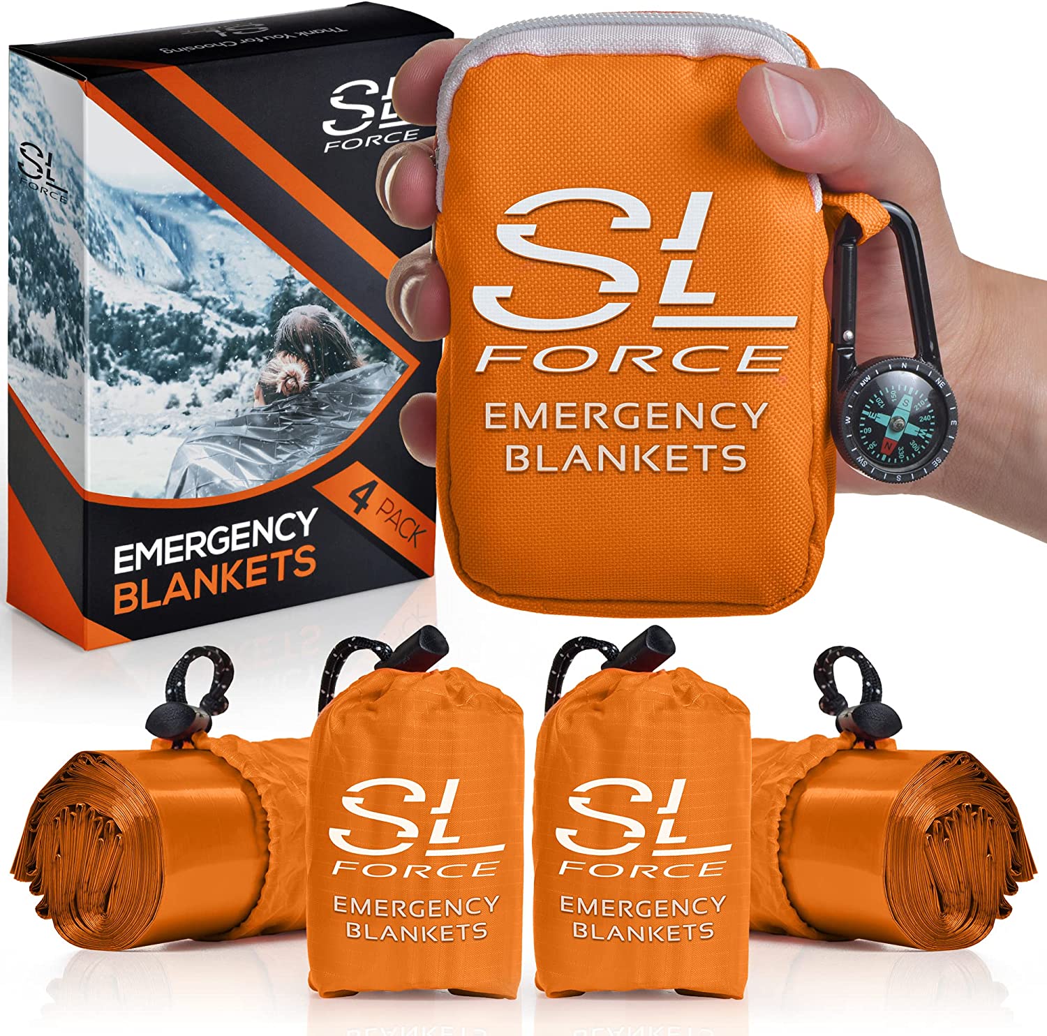 SLFORCE Emergency Blankets for Survival, 4 Pack of Gigantic Space Blanket. Comes with Four Extra-Large Mylar Blankets, Compass, and Zipper Bag. The Best Thermal Space Blankets Survival Heavy Duty