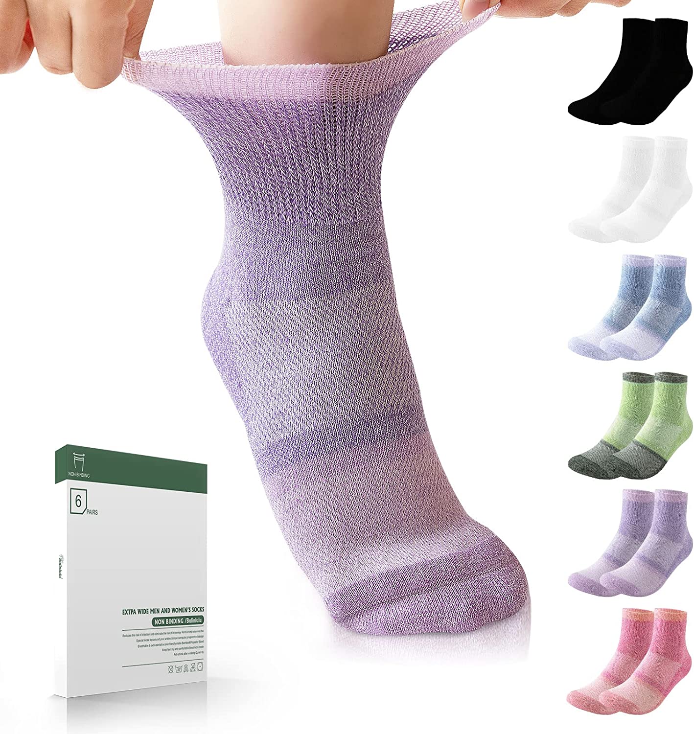 Bulinlulu Diabetic Socks Women&Men-6 Pairs Bamboo Non Binding Diabetic Ankle Socks,Extra Wide Socks Stretchy Loose Top Socks with Seamless Toe (Medium,Bright Clashing Colours)