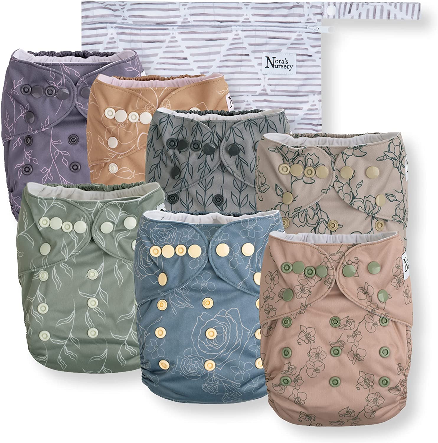 Modern Blooms Baby Cloth Pocket Diapers 7 Pack, 7 Bamboo Inserts, 1 Wet Bag by Nora’s Nursery