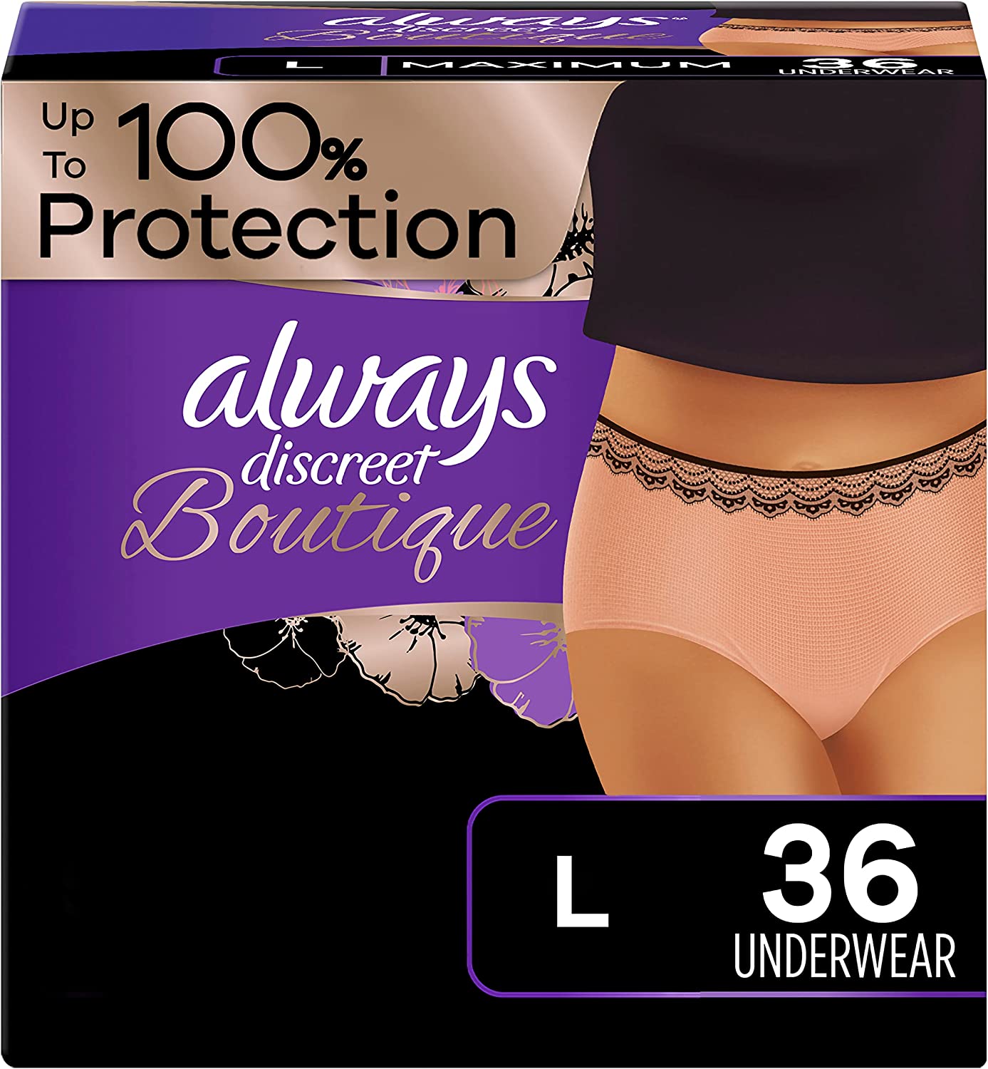Always Discreet Boutique, Incontinence & Postpartum Underwear For Women, Size Large, Peach, Maximum Absorbency, Disposable, 18 Count X 2 Packs (36 Count Total)
