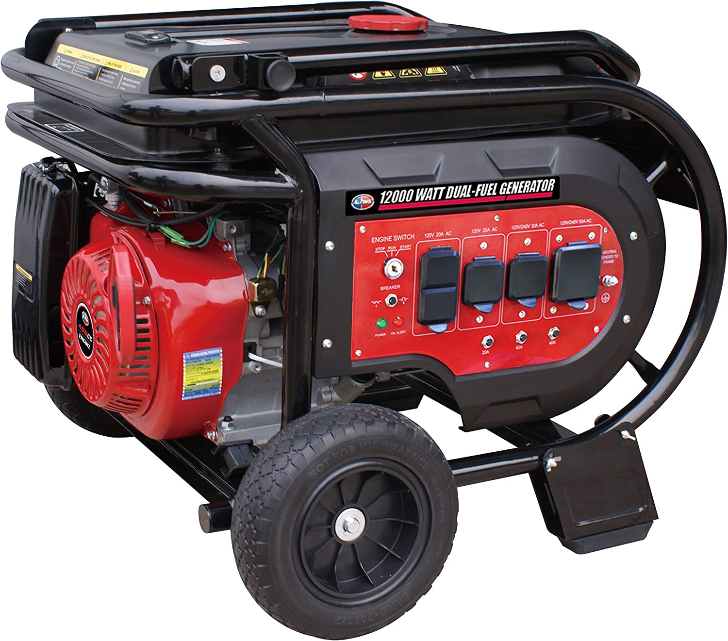 All Power America G12000EGL 12000 Watt Heavy Duty Dual Fuel Portable Generator with Electric Start 12000W Gas/Propane(LPG) with 50A 120/240V AC Outlet, Black/Red