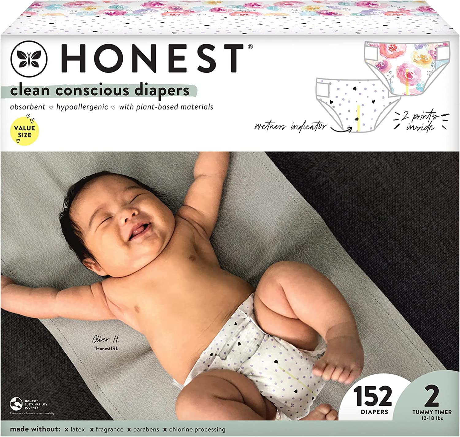 The Honest Company Clean Conscious Diapers | Plant-Based, Sustainable | Young At Heart + Rose Blossom | Super Club Box, Size 2 (12-18 lbs), 152 Count