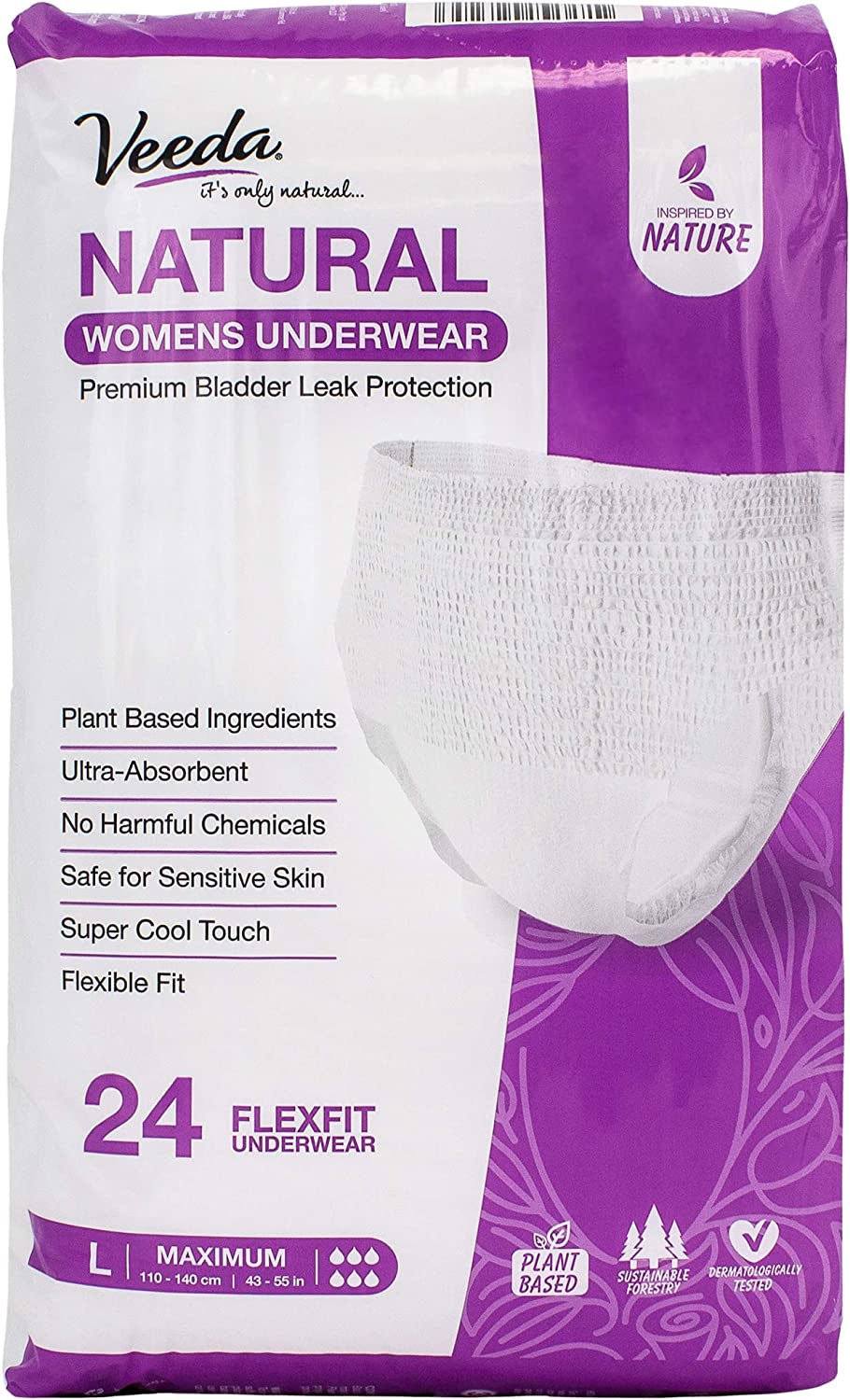 Veeda Natural Premium Incontinence Underwear for Women, for Bladder Leakage Protection, Maximum Absorbency, Large Size, 24 Count