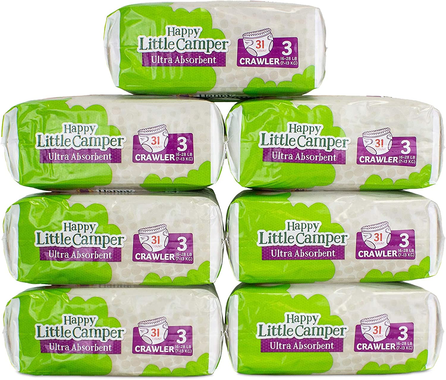 Happy Little Camper Ultra-Absorbent Hypoallergenic Natural Disposable Baby Diapers, Chlorine-Free Protection for Sensitive Skin, Monthly Pack, Size 3, 217 Count
