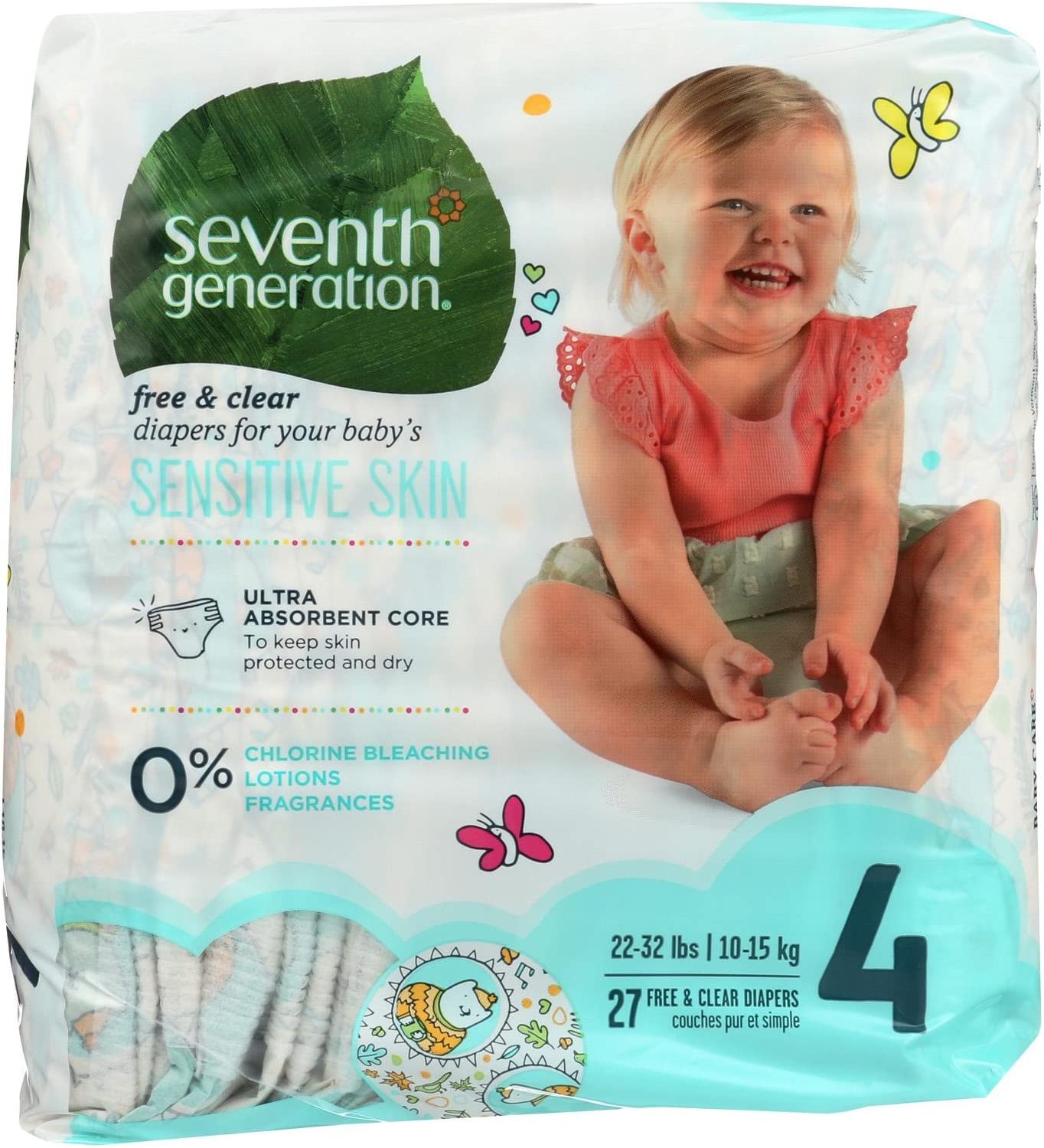 Seventh Generation Baby Diapers, Free-and-Clear for Sensitive Skin, Original Unprinted, Size 4, 27 Count