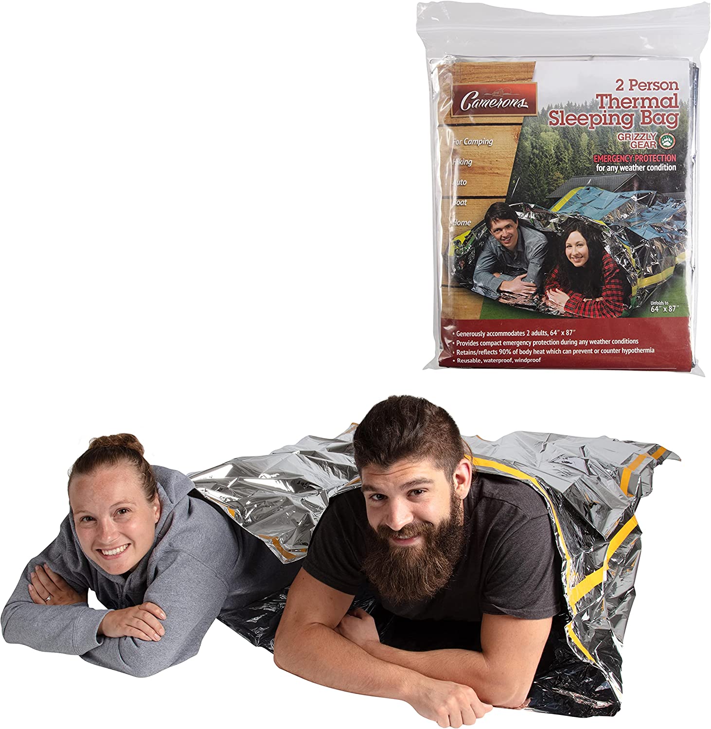 Grizzly Gear Emergency Survival Mylar Thermal 2 Person Sleeping Bag – Accommodates 2 Adults – 64" X 87"