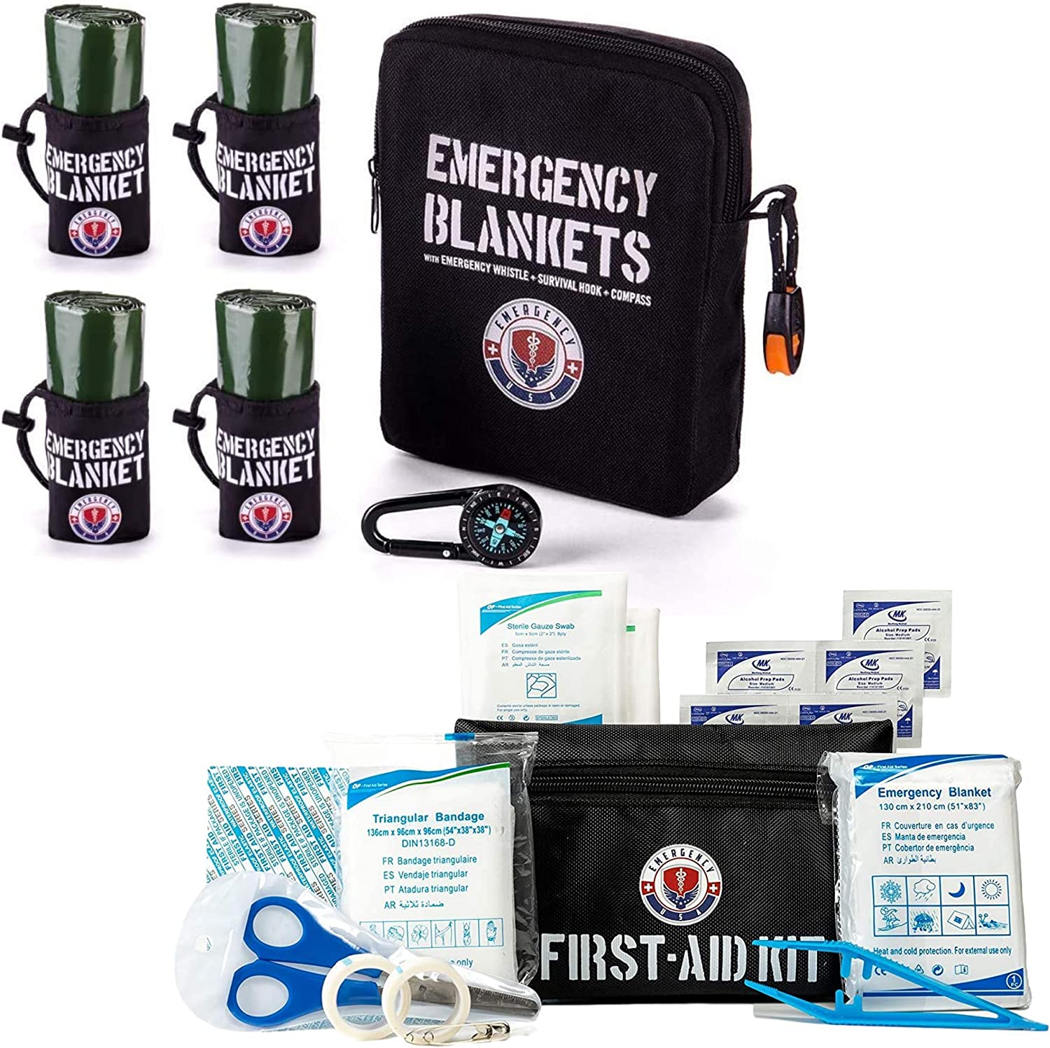Pack of 4 Emergency Blankets – First Aid Blankets – Mylar Thermal Reflective Blankets – Military Survival Blanket + First Aid Kit Medical Emergency Bag Travel Survival Kit…
