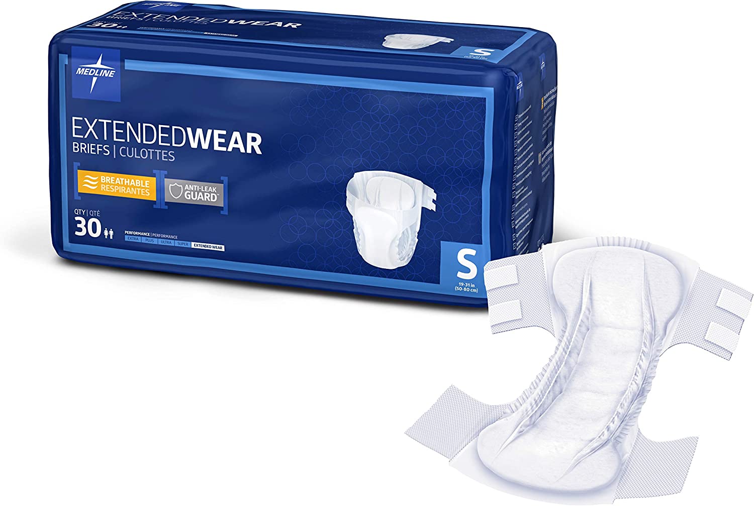 Medline Extended Wear Overnight Adult Briefs with Tabs, Maximum Absorbency Adult Diapers, Small (30 Count)