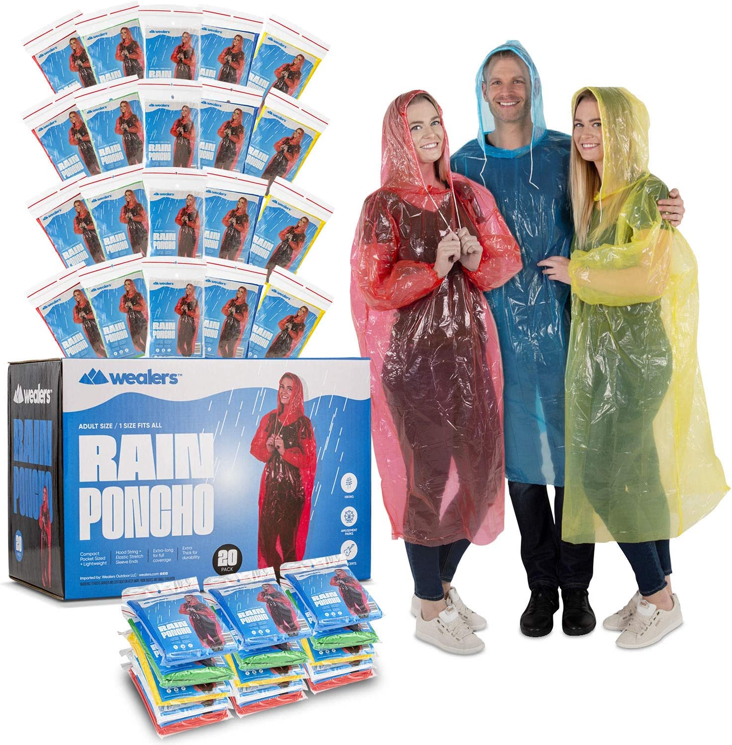 Rain Poncho Bulk Pack Disposable Ponchos Adults Emergency Raincoat Hood Strings Multi Colors