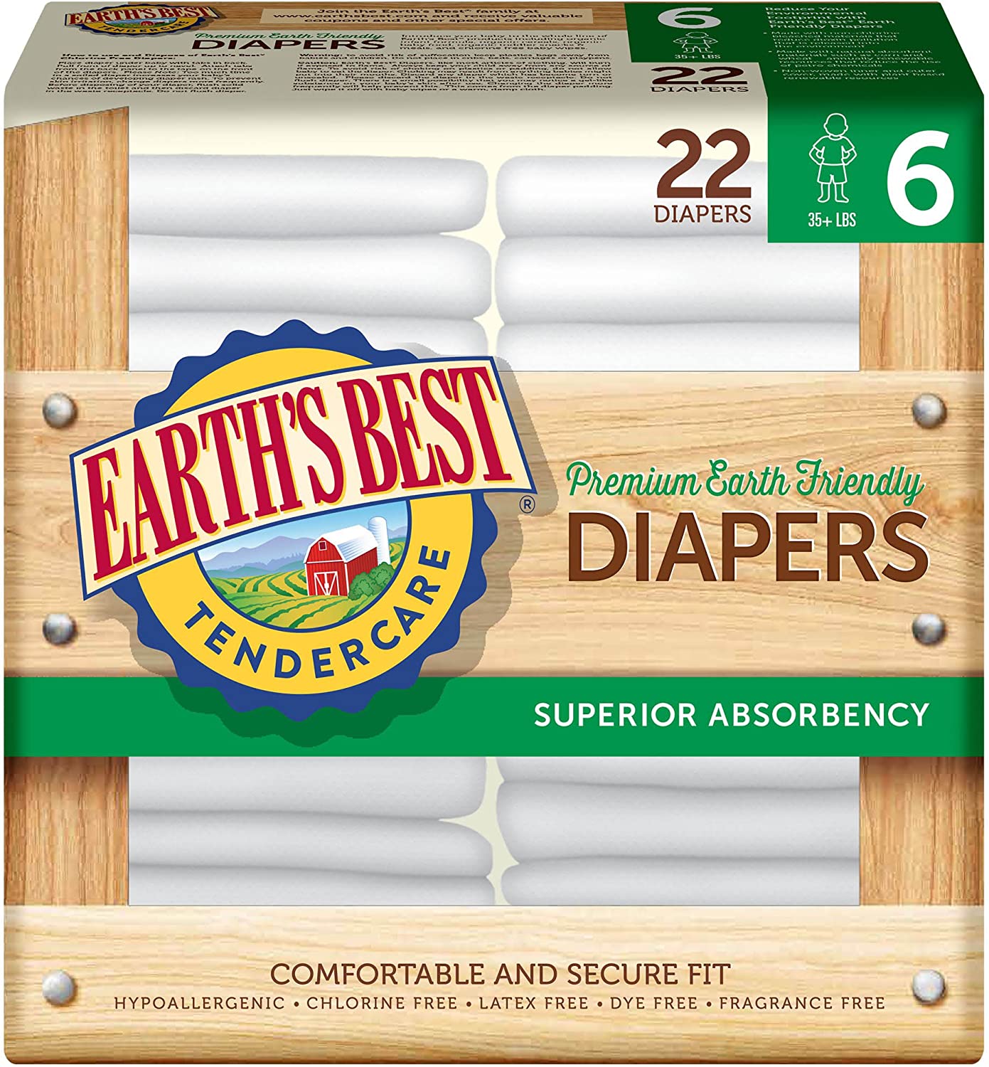 Earth’s Best TenderCare Chlorine-Free Disposable Baby Diapers, (35+ lbs), Size 6 (22 Count)