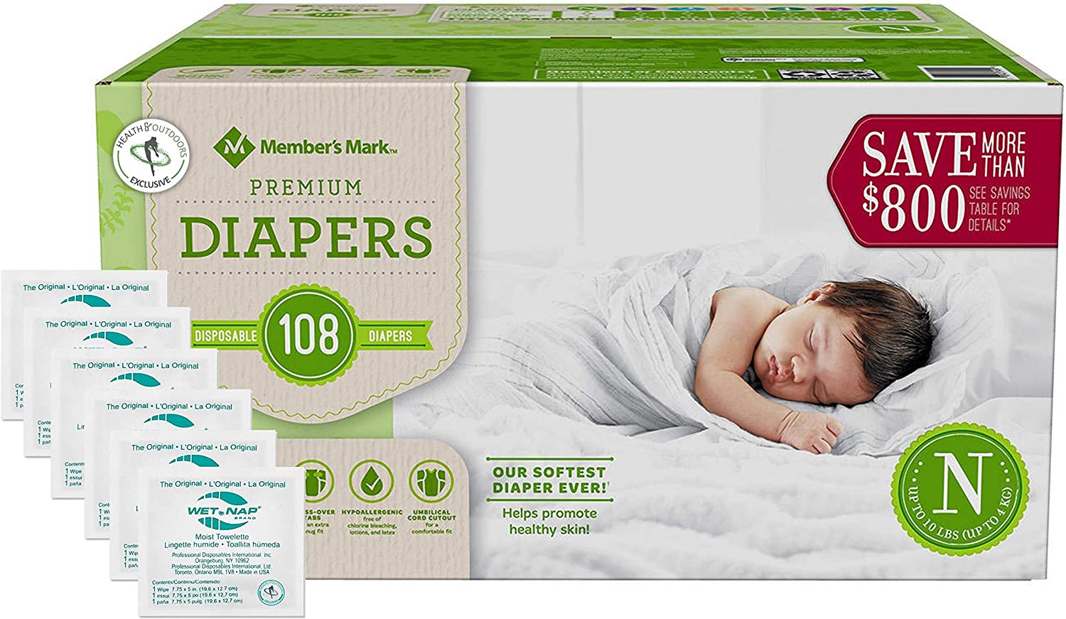 HAO M Mark Premium Baby Diapers – Newborn (0-10 lbs) 108 Count W/Moist Towelettes