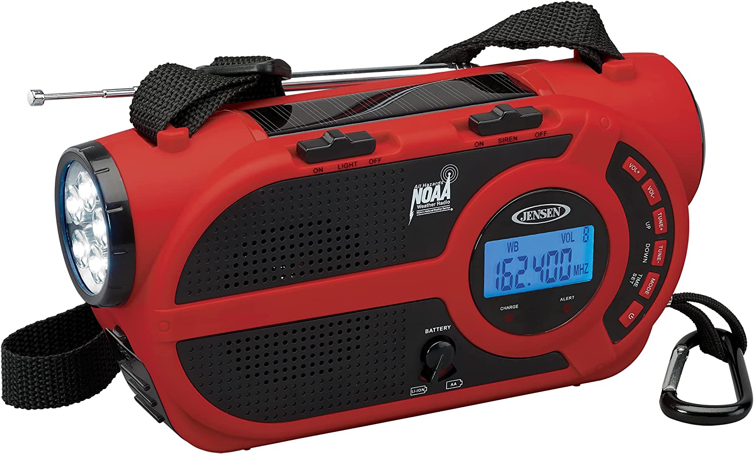 JENSEN JEP-650 AM/FM Weather Band/Weather Alert Radio with 4-Way Power, Built-in Flashlight and Emergency USB Charging