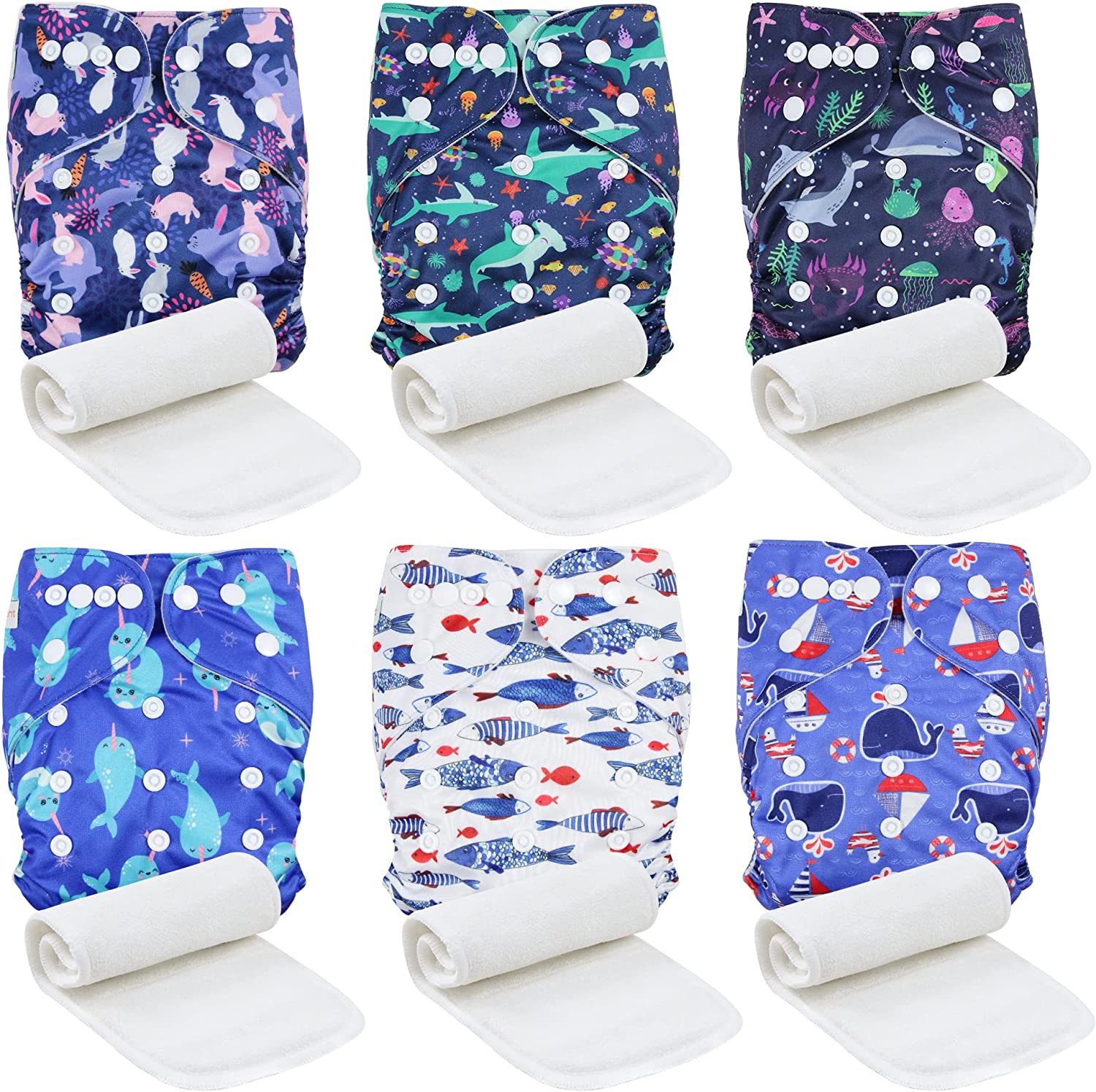 Langsprit 6 Pack Baby Cloth Diaper with Highly Absorbent Inserts, Baby Reusable Diapers, Cloth Diapers Newborn, Washable Cloth Diapers, Reusable Unisex Baby Diapers