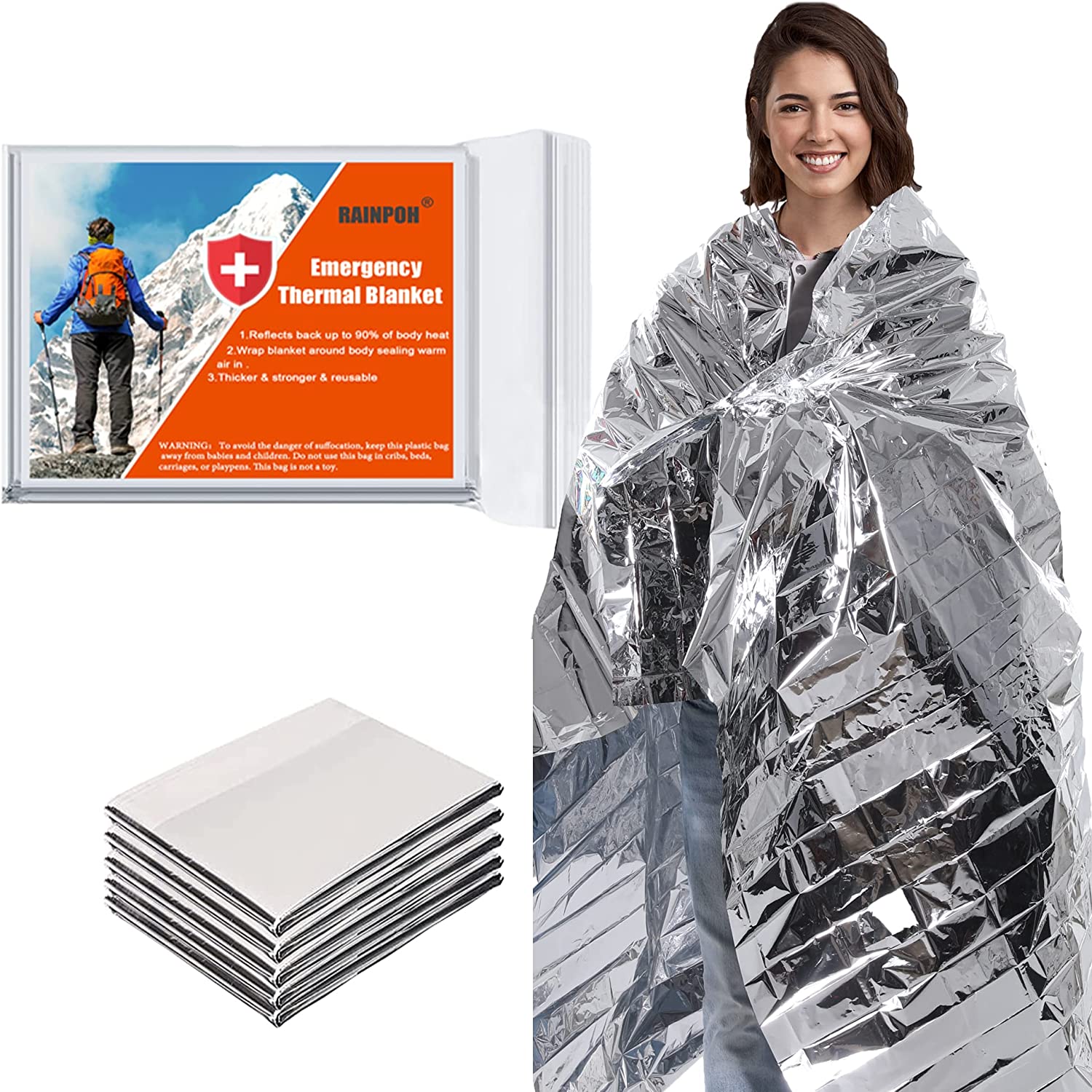 RAINPOH Emergency Mylar Thermal Blanket 82*64 in(10 Pack), Gigantic Space Blanket, Survival Blankets Heavy Duty Camping Gear, First Aid, Silver