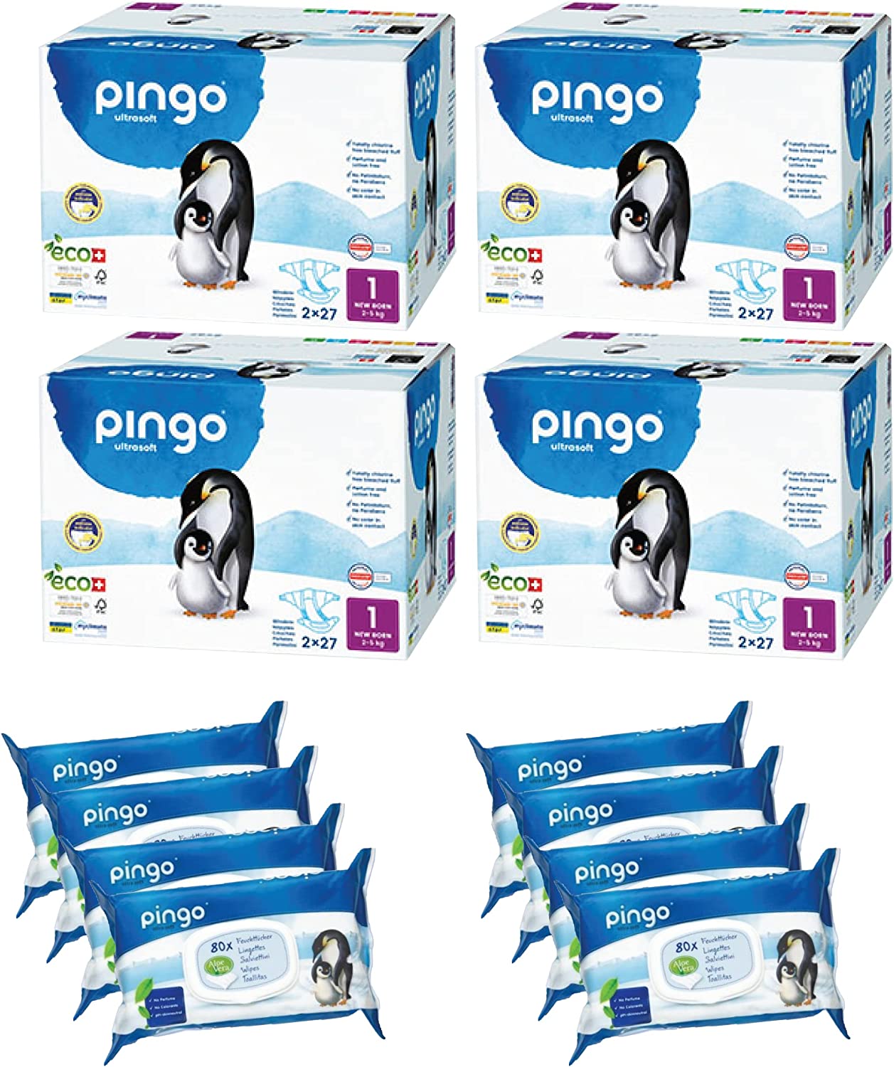 Pingo Organic Planet-Friendly Disposable Swiss Premium Diapers Newborn Size 1, 4 Pack Jumbo Bulk Box, 4.4 to 11 Pounds, 216 Diapers and 8 Packs of 80ct Wipes (640ct Total Wipes), 2 Month Supply