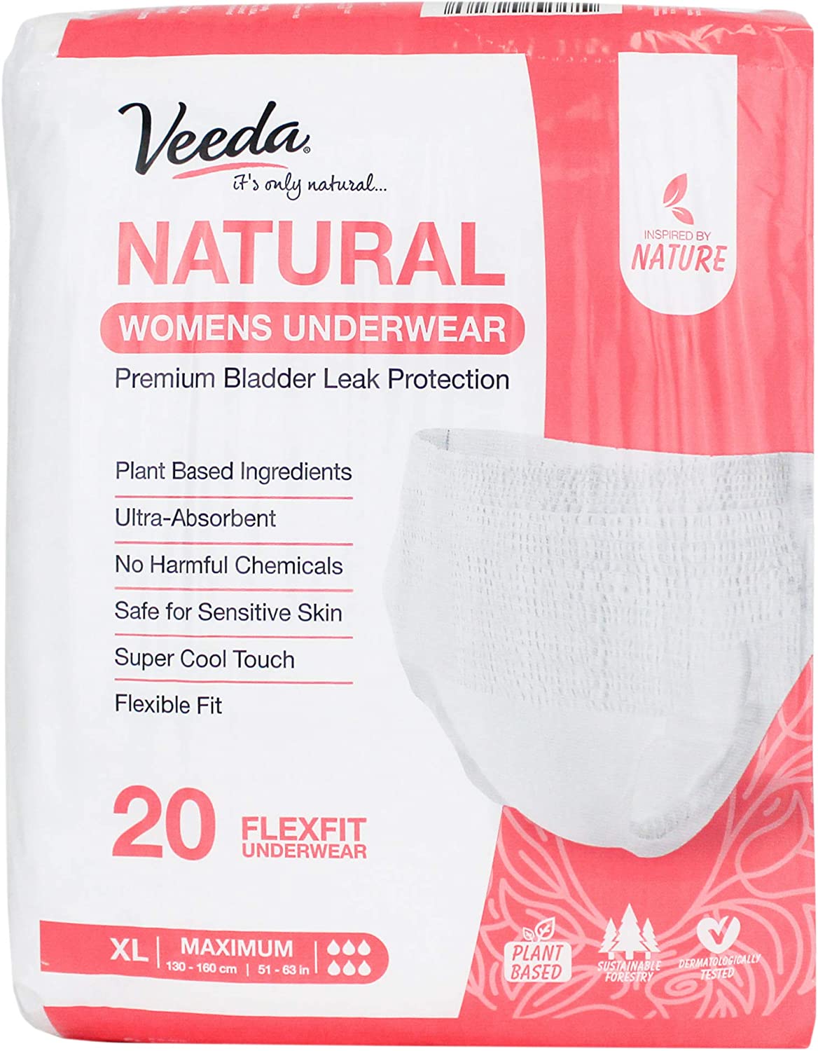 Veeda Natural Premium Incontinence Underwear for Women, for Bladder Leakage Protection, Maximum Absorbency, Extra Large Size, 20 Count