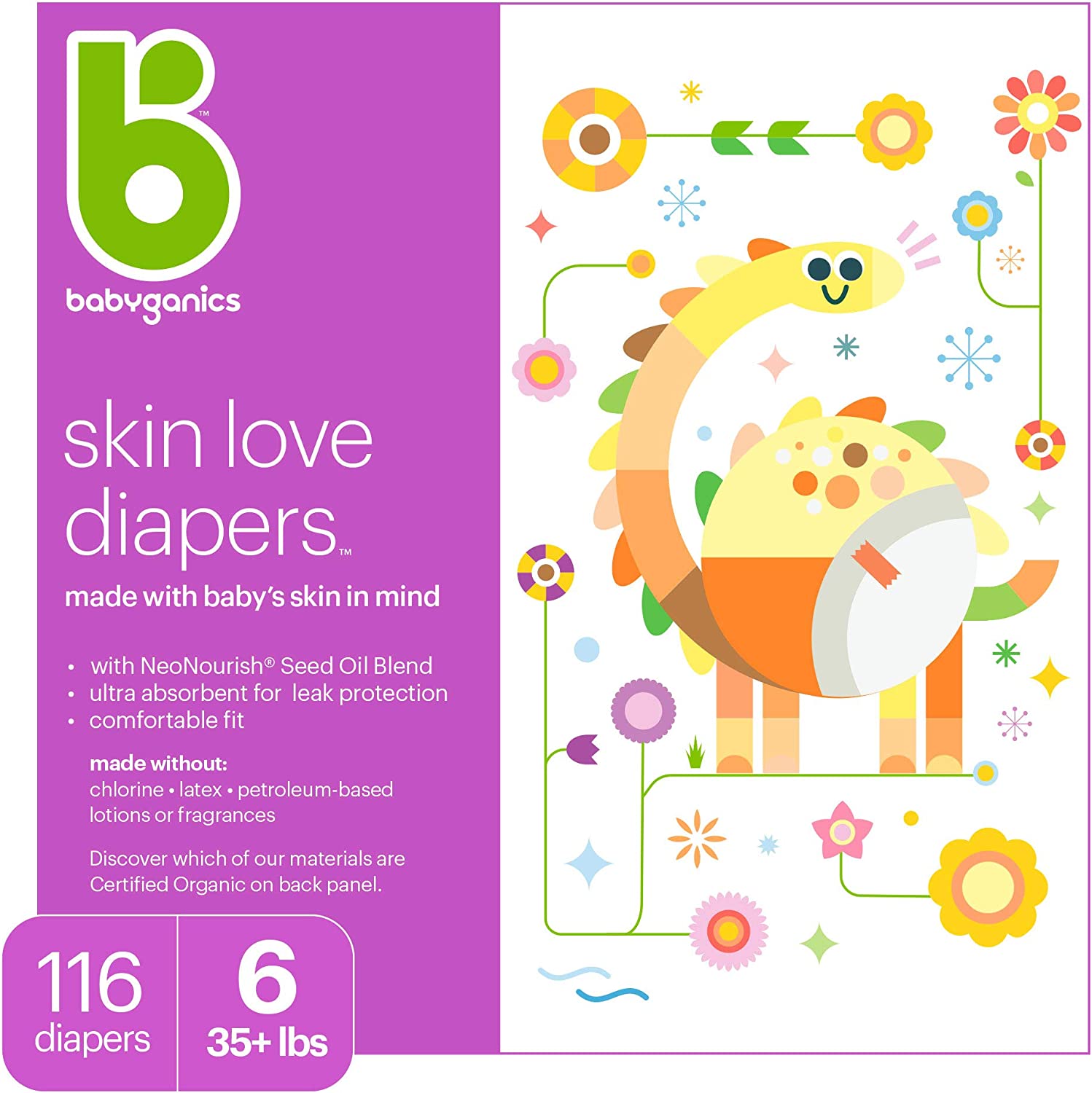 Baby Diapers, Size 6 (35 lbs+) 116 Count- Babyganics Ultra Absorbent, Unscented, Made without Chlorine, Latex