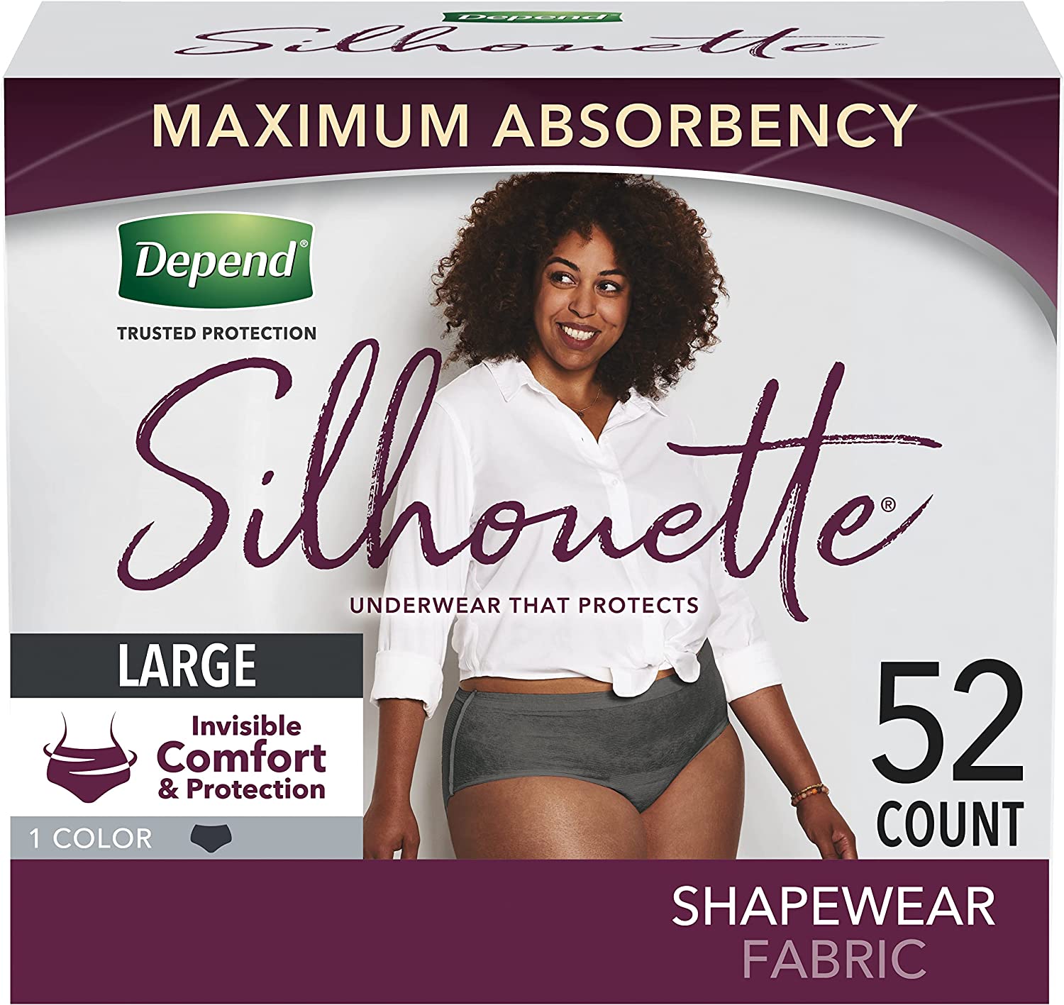 Depend Silhouette Adult Incontinence and Postpartum Underwear for Women, Large (40–52" Waist), Maximum Absorbency, Black, 52 Count (2 Packs of 26)