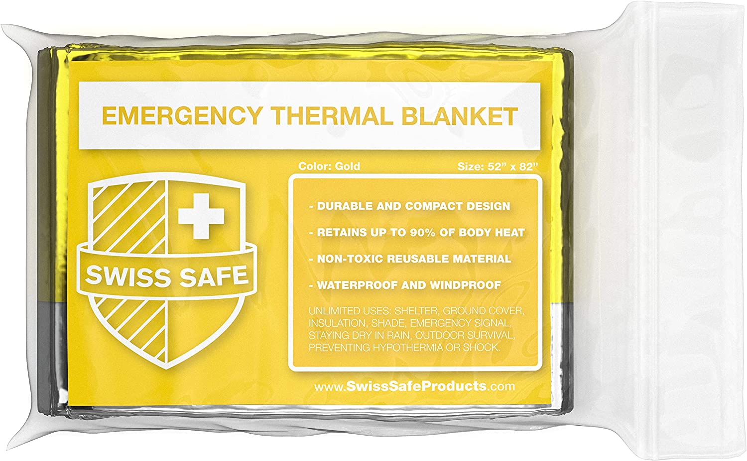 Swiss Safe Gold Emergency Mylar Thermal Survival Blanket: Camping, Outdoors, or Marathons