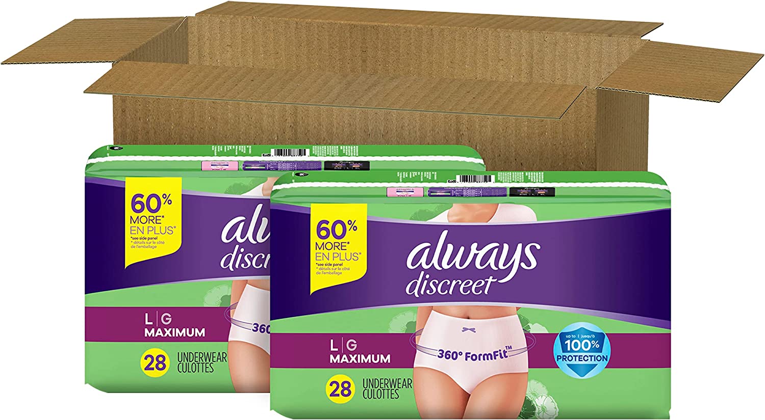Always Discreet Boutique, Incontinence & Postpartum Underwear for Women, Size Large, Maximum Absorbency, Disposable, 28 Count X 2 Packs (56 Count Total)